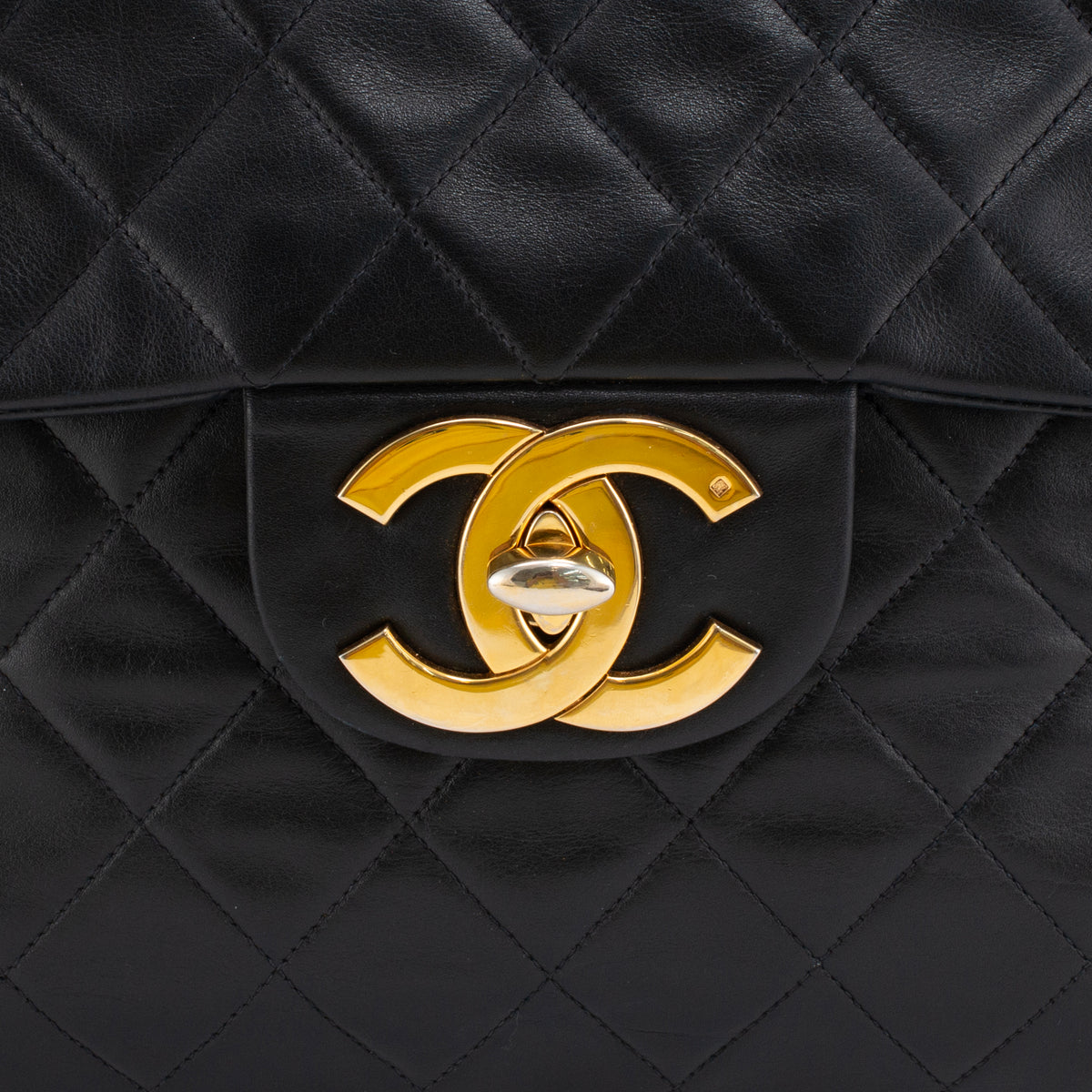 Vintage Chanel XL Jumbo Black Quilted Lambskin Gold-Tone Flap Shoulder Bag