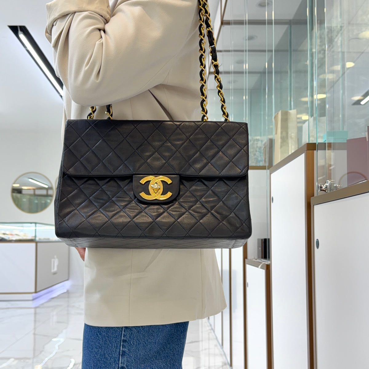 Vintage Chanel XL Jumbo Black Quilted Lambskin Gold-Tone Flap Shoulder Bag