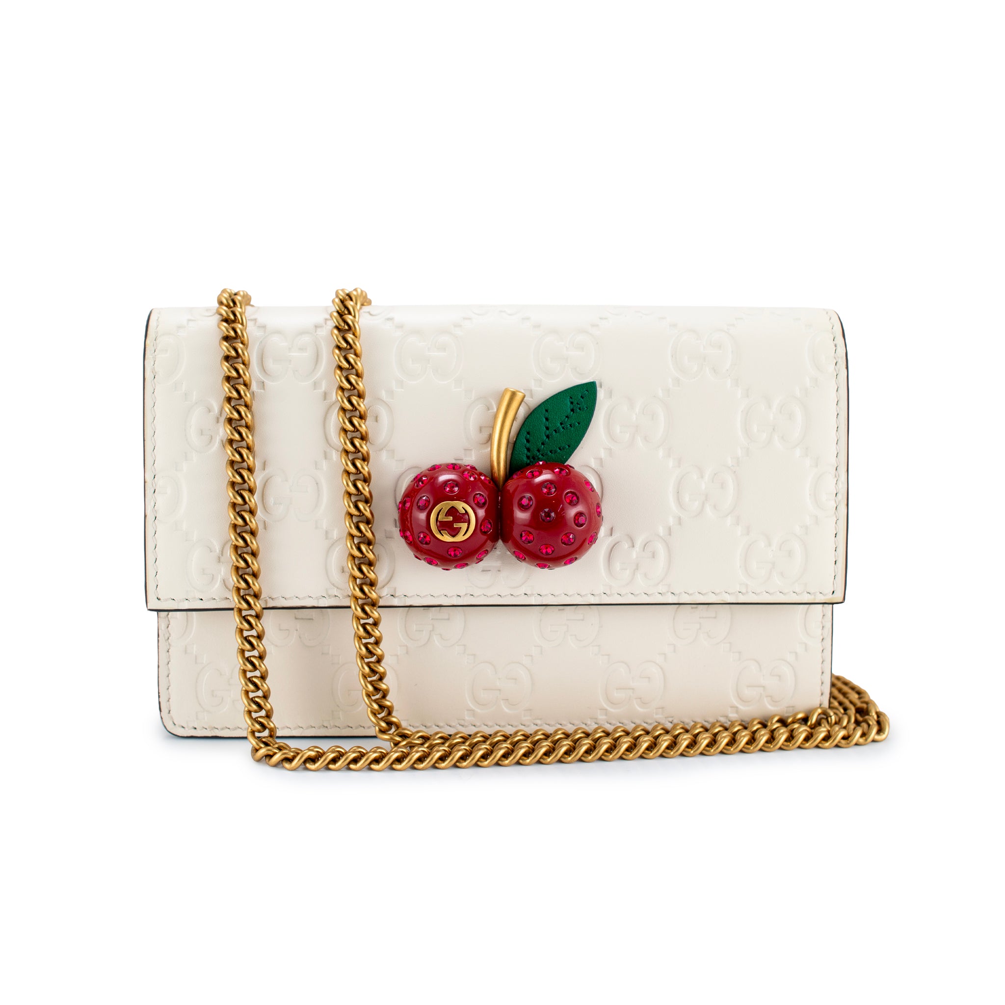 Gucci Gg Guccissima White Mini Cherry Gold Tone Hardware Chain Shoulder Bag