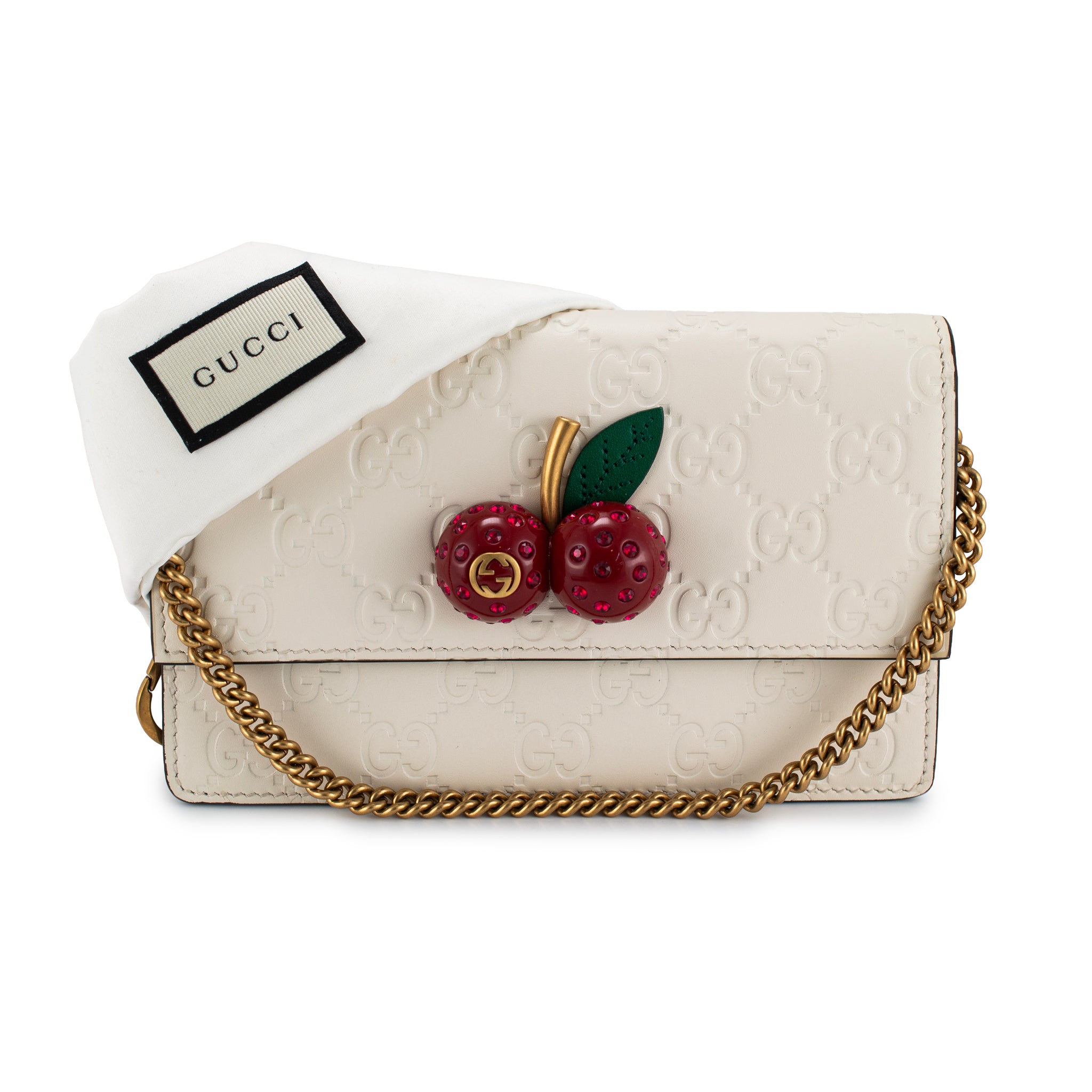 Gucci Gg Guccissima White Mini Cherry Gold Tone Hardware Chain Shoulder Bag