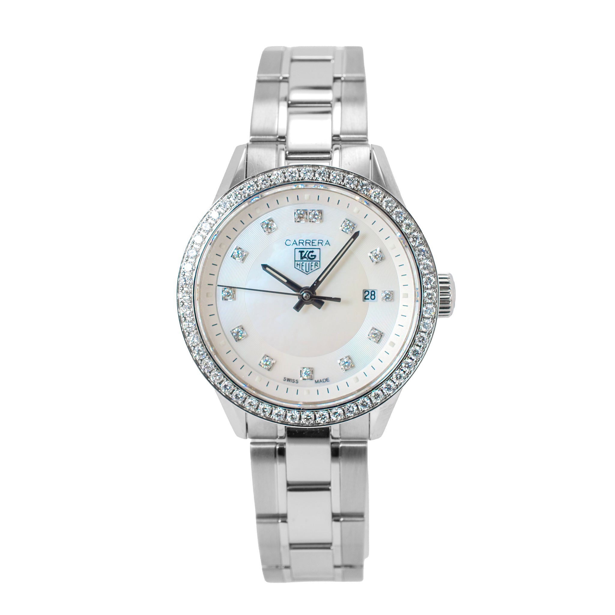 Ladies Tag Heuer Carrera 27MM wv1413.ba0793 Mop Diamond Dial Steel Quartz Watch