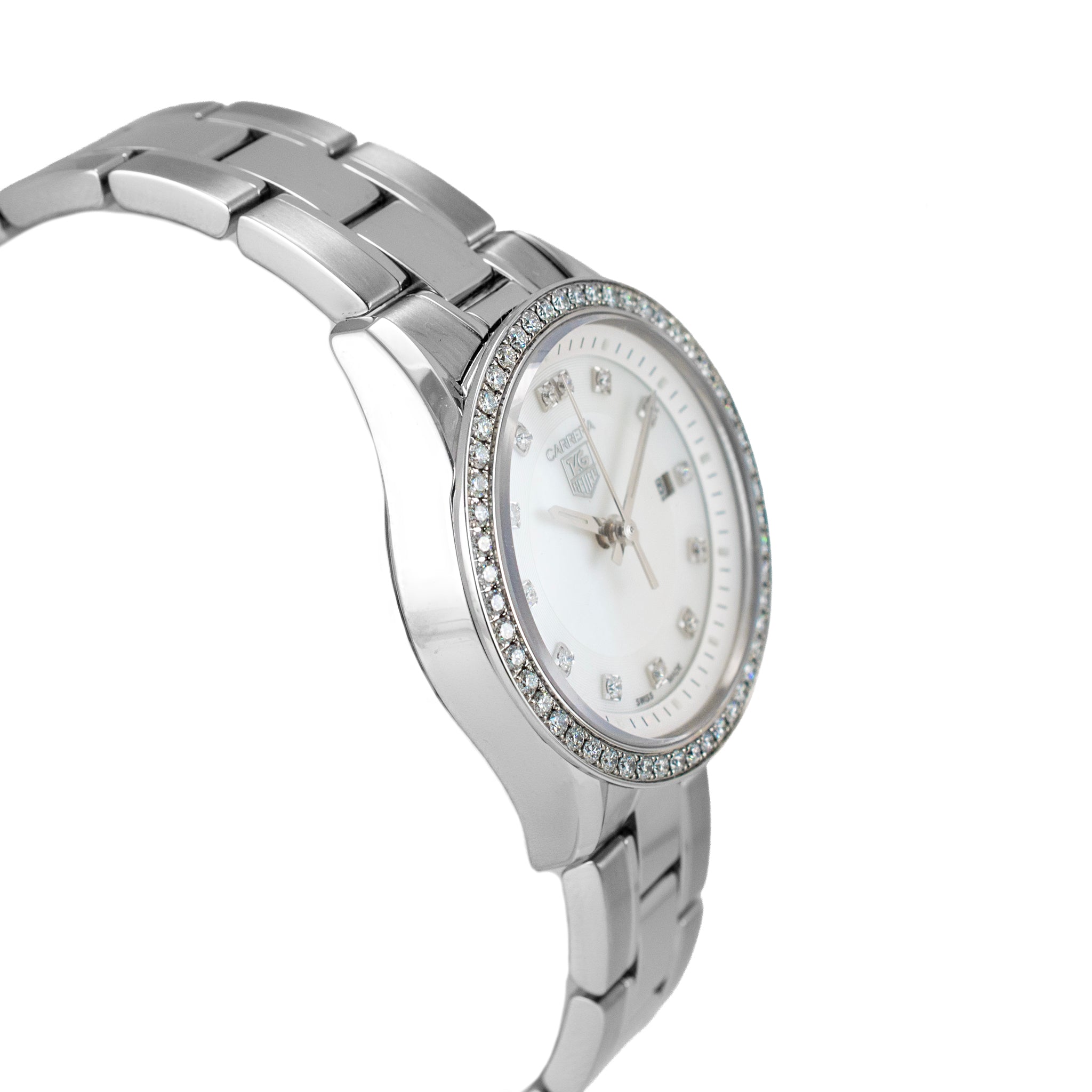 Ladies Tag Heuer Carrera 27MM wv1413.ba0793 Mop Diamond Dial Steel Quartz Watch