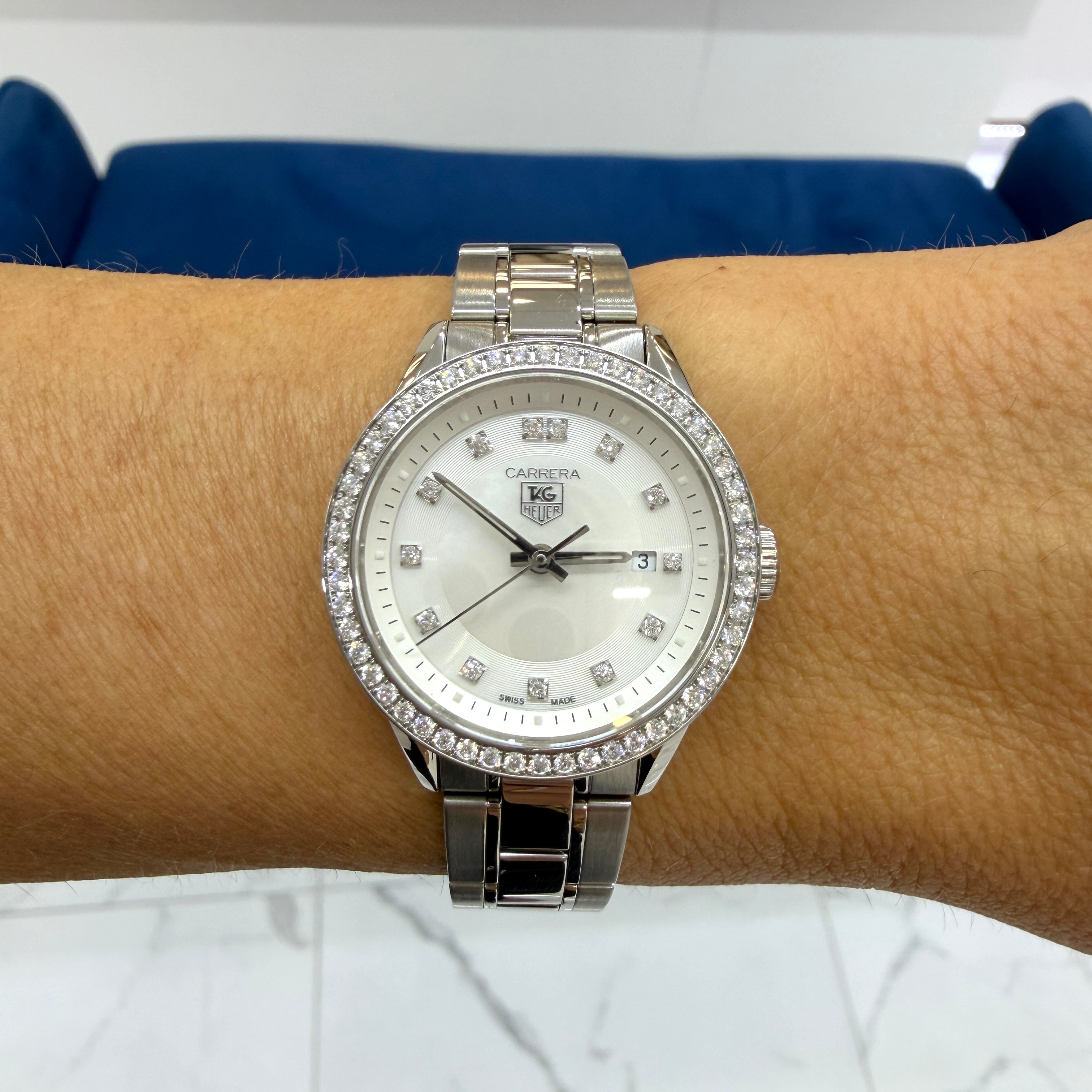 Ladies Tag Heuer Carrera 27MM wv1413.ba0793 Mop Diamond Dial Steel Quartz Watch