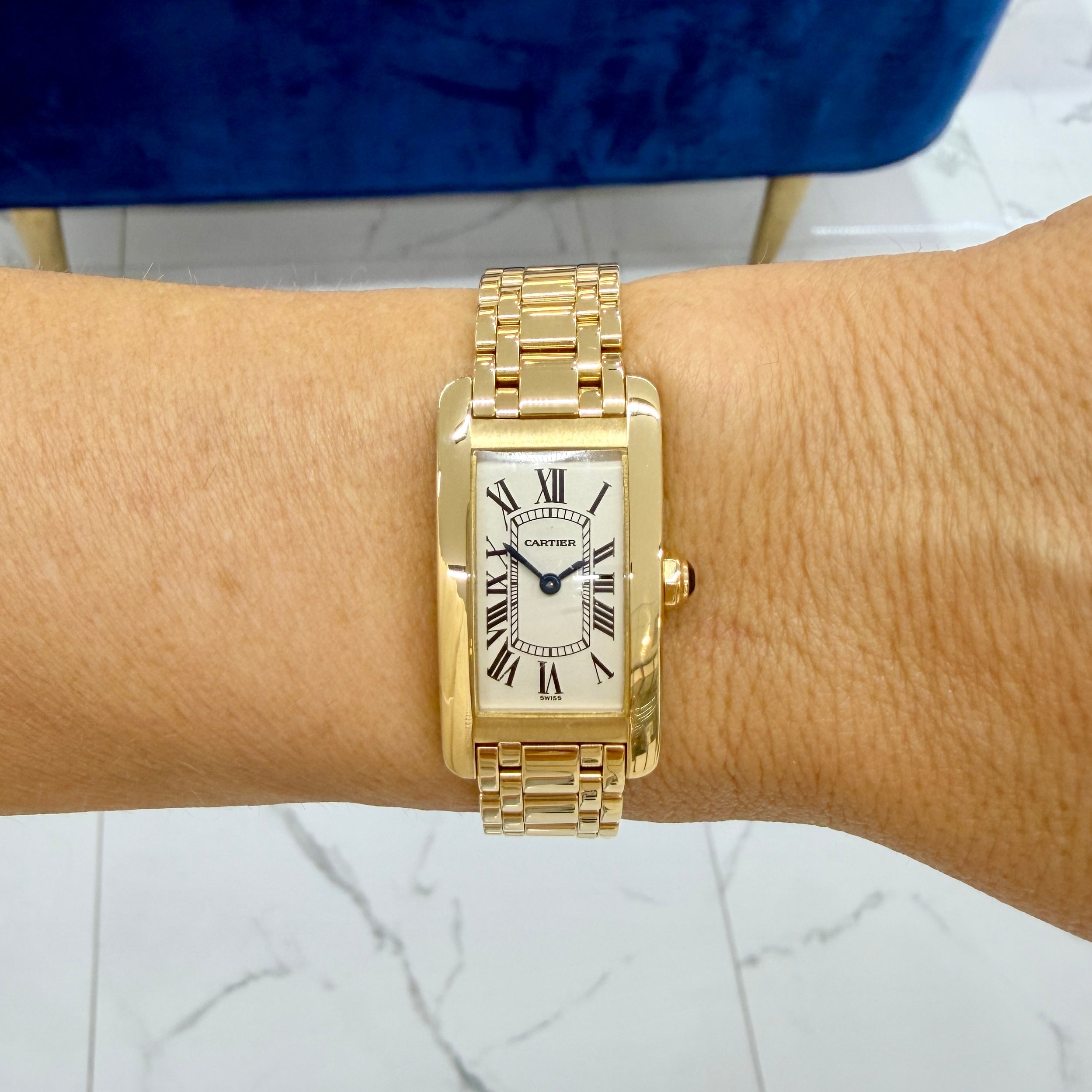 Ladies Cartier Tank Americaine 19MM 1710 W26015K2 18K Yellow Gold Quartz Watch