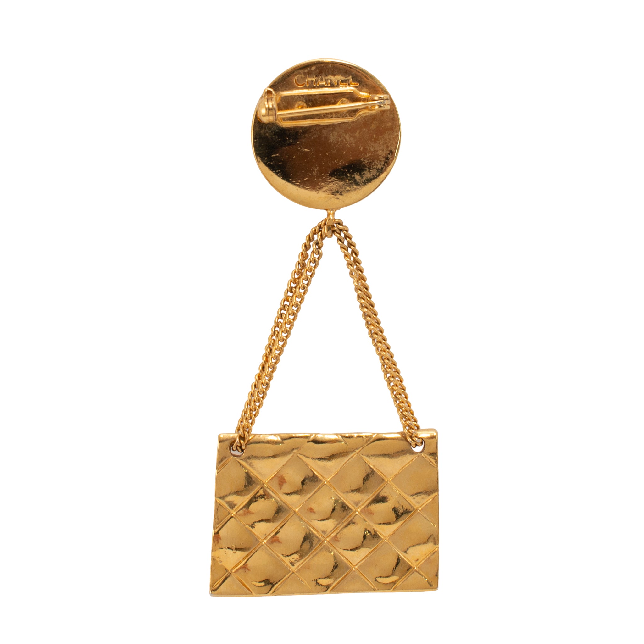 Vintage Chanel Gold Plated Hanging Flap Bag Motif PIN Brooch