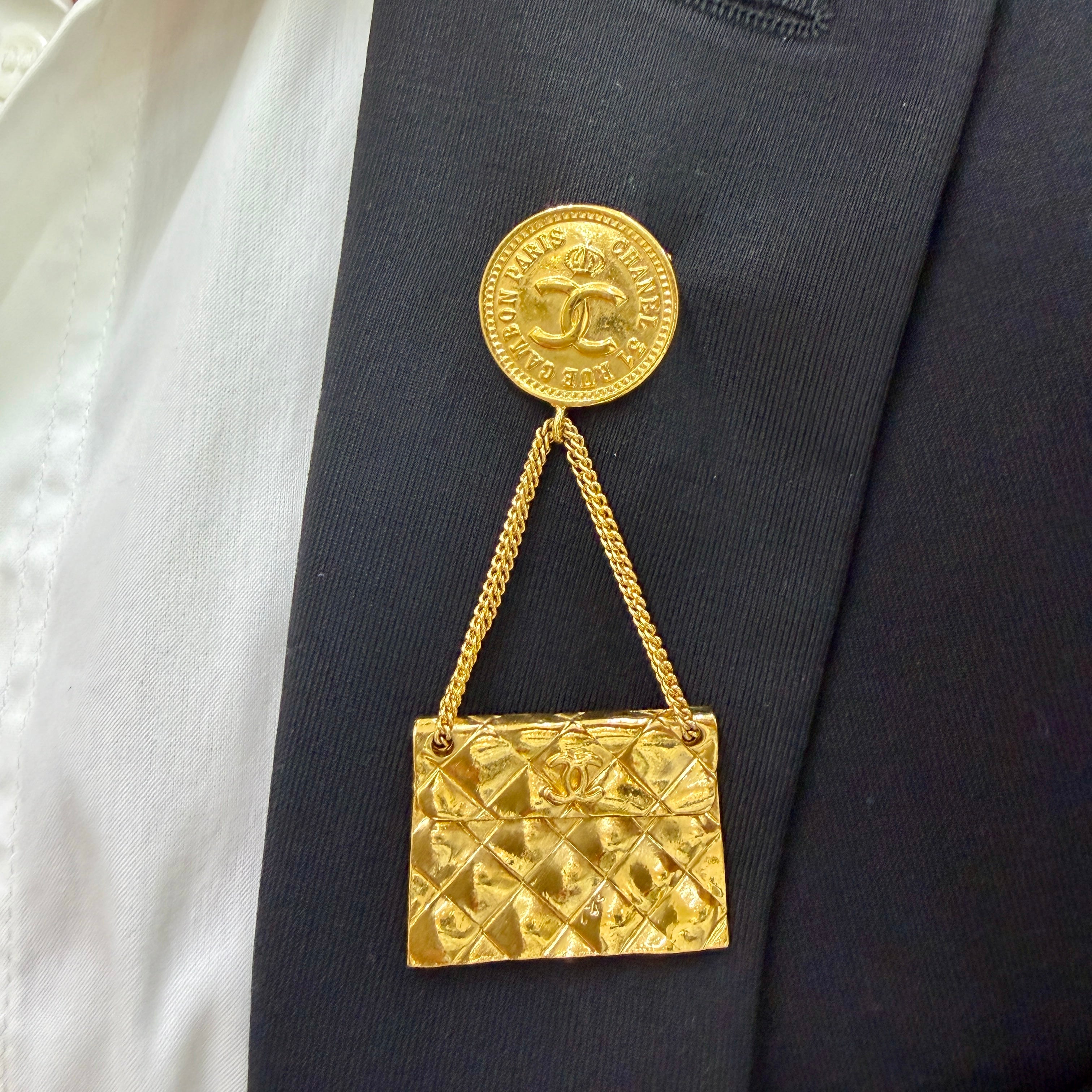 Vintage Chanel Gold Plated Hanging Flap Bag Motif PIN Brooch