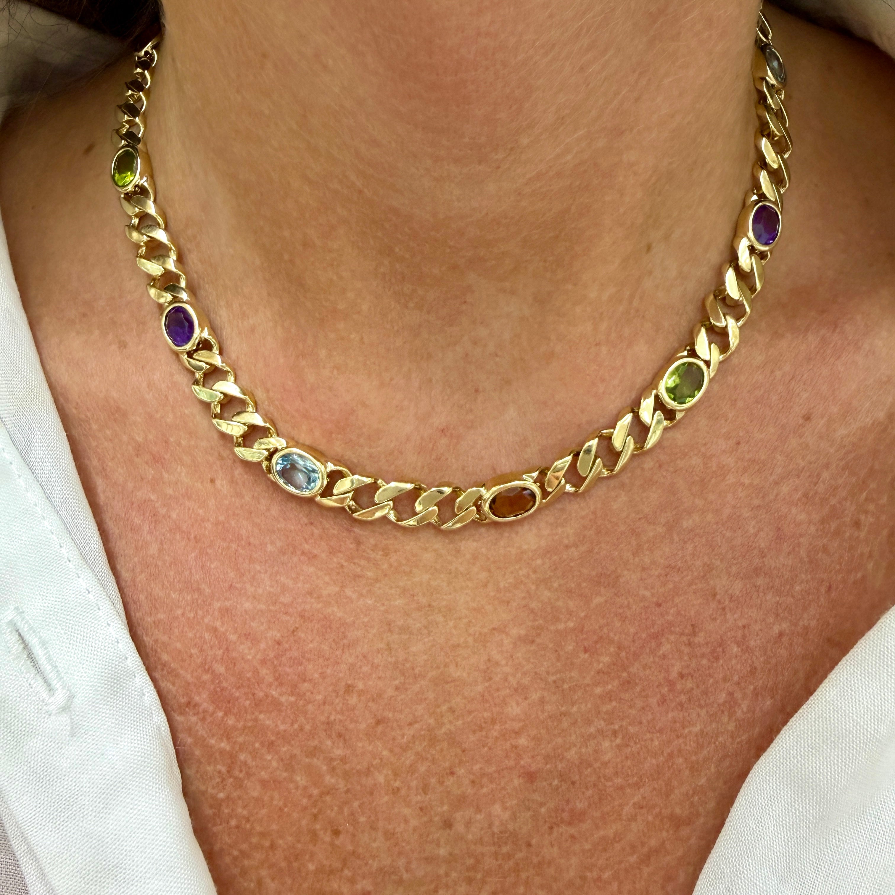 Vintage 14K Yellow Gold 11.98ctw Multi Gem Rainbow Curb Link Chain Necklace
