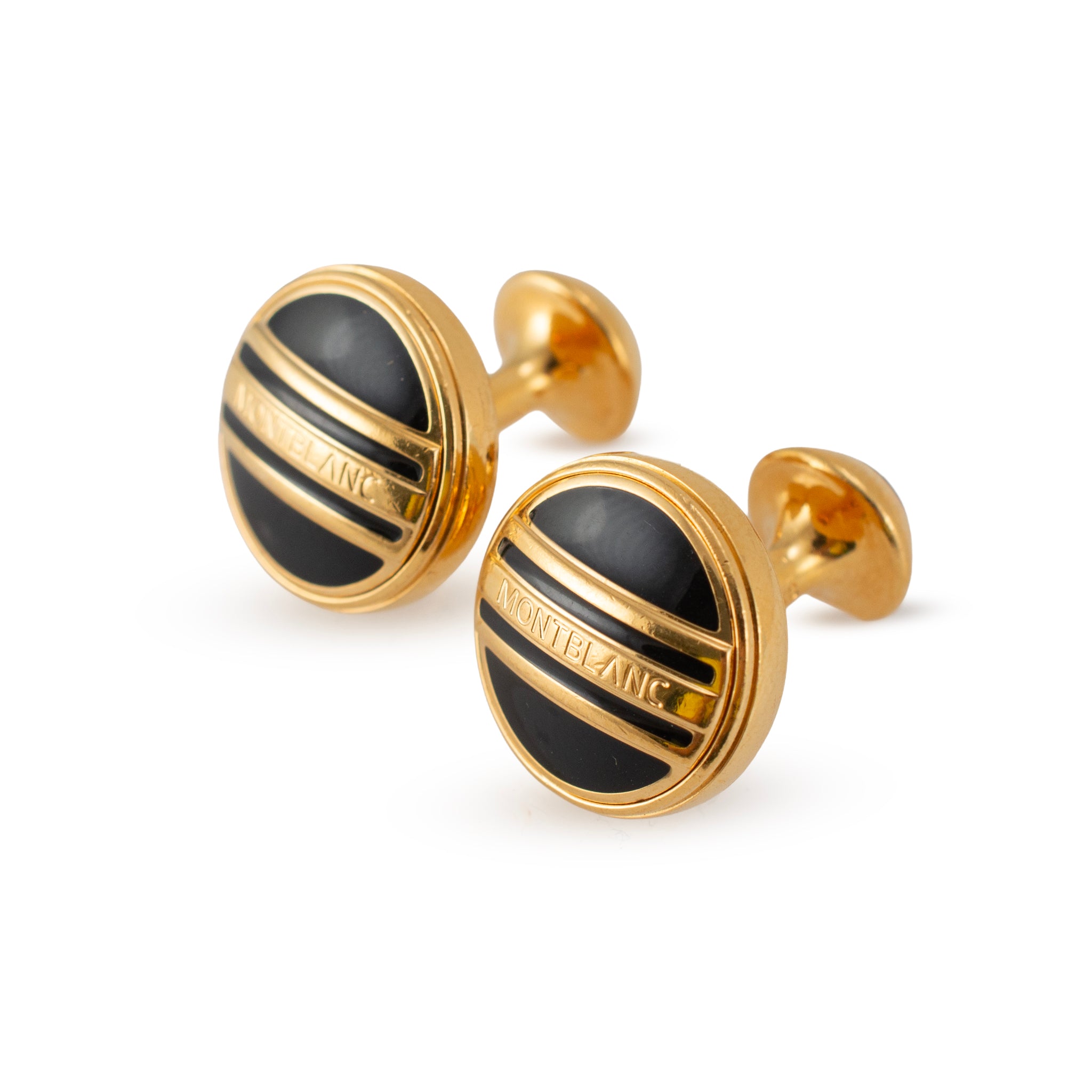 Men’s Retired Montblanc Gold Plated Black Enamel Round Cufflinks
