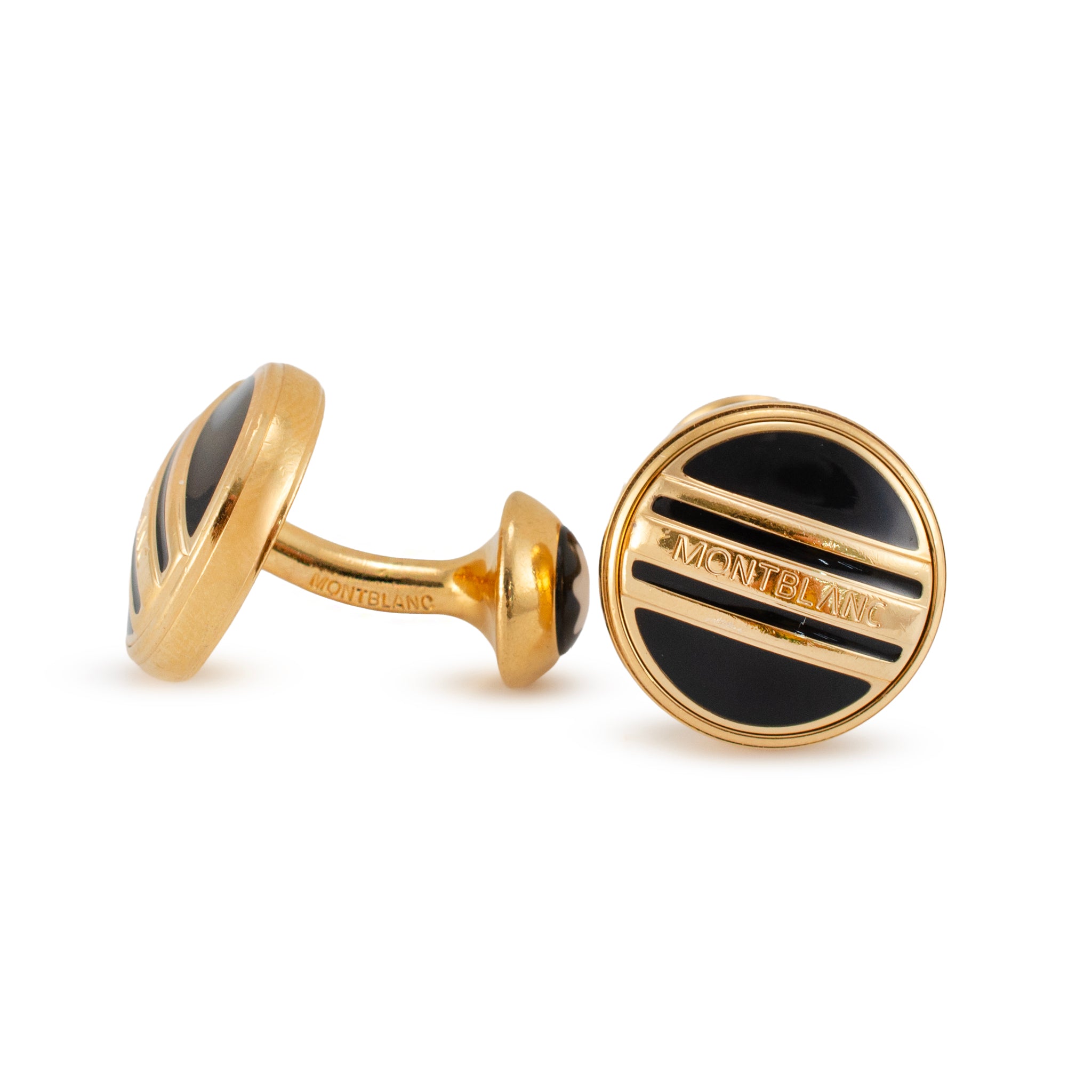 Men’s Retired Montblanc Gold Plated Black Enamel Round Cufflinks