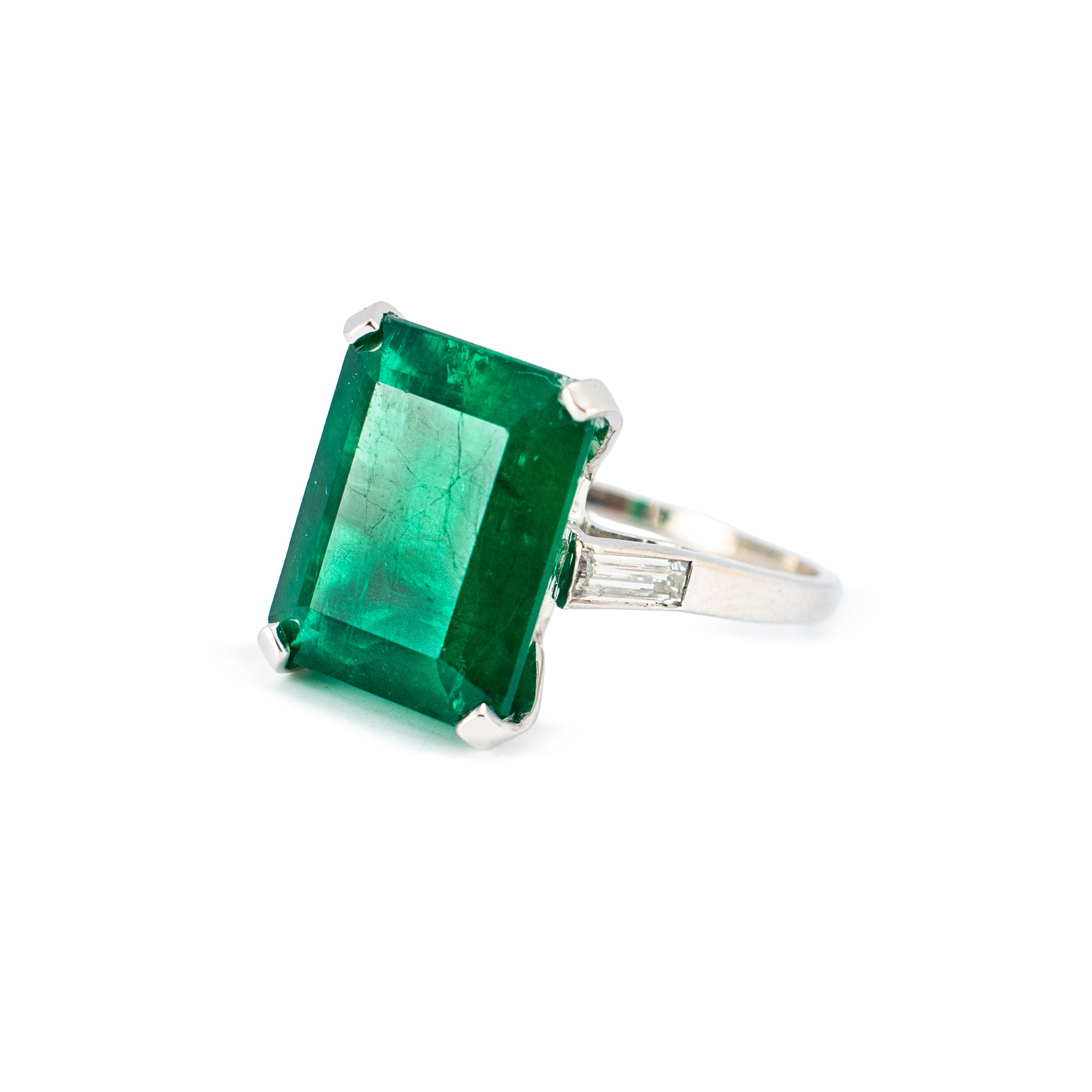 Vintage Platinum 9.77ctw Gia Green Emerald Diamond Three Stone Cocktail Ring