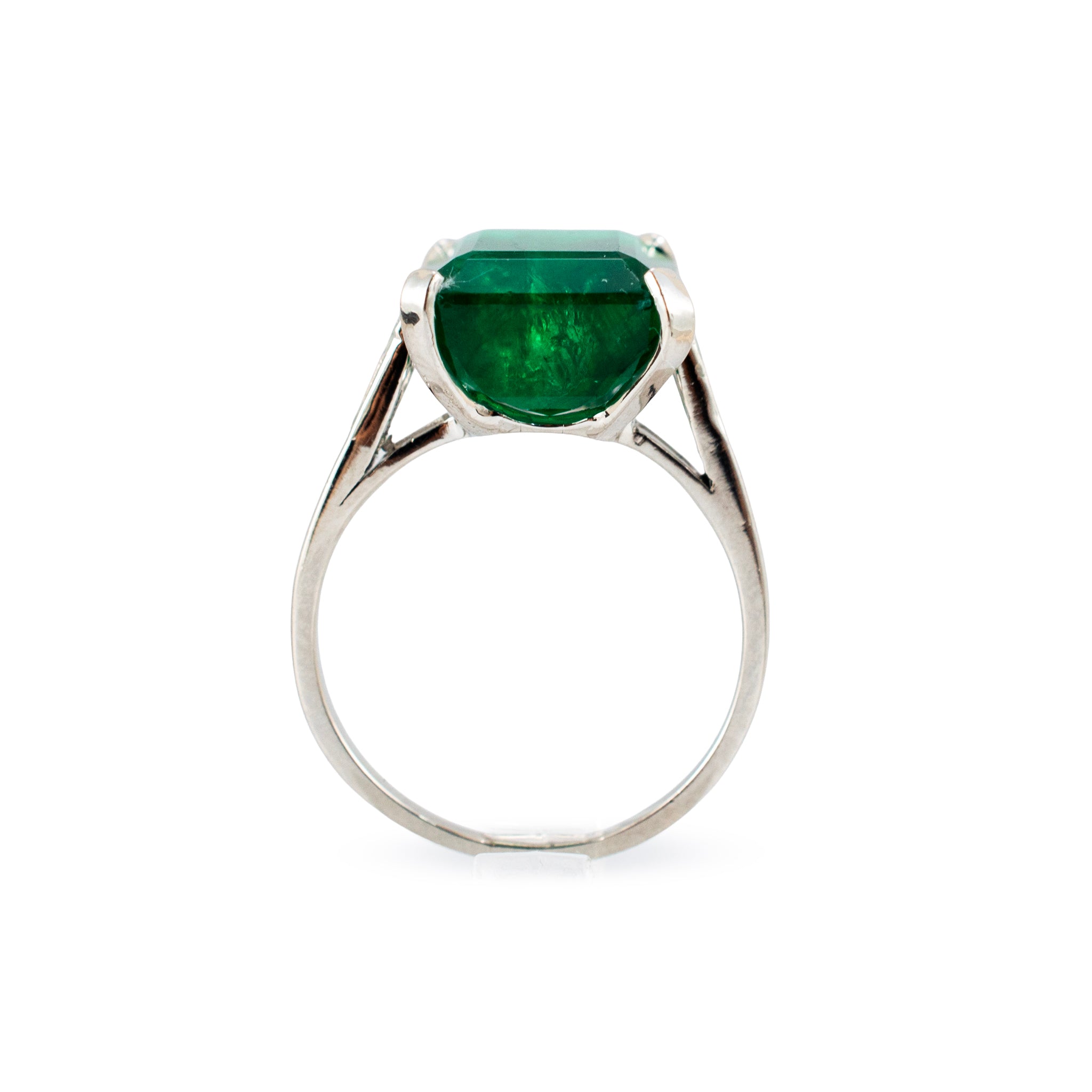 Vintage Platinum 9.77ctw Gia Green Emerald Diamond Three Stone Cocktail Ring