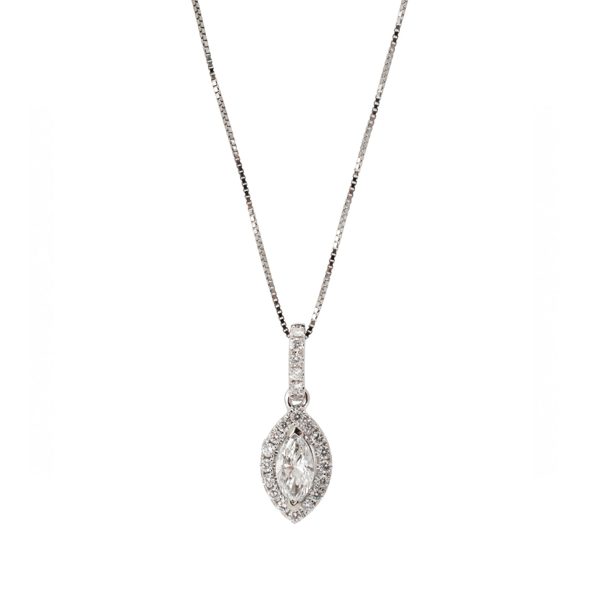 Ladies 14K White Gold 0.56ct Marquise Diamond Halo Pendant Necklace