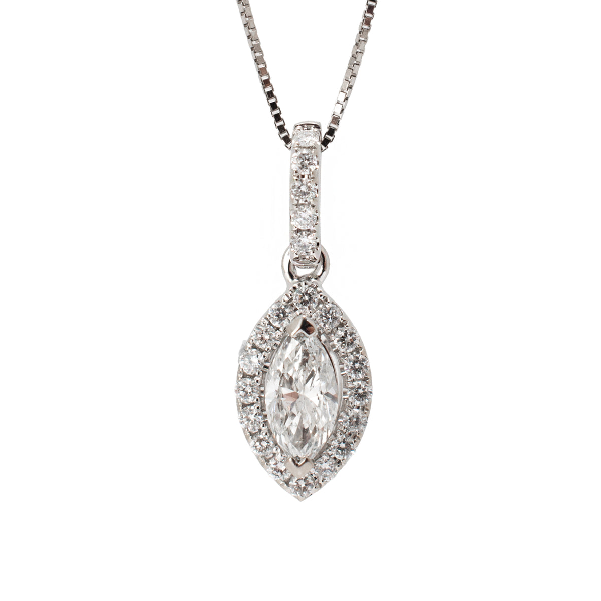 Ladies 14K White Gold 0.56ct Marquise Diamond Halo Pendant Necklace