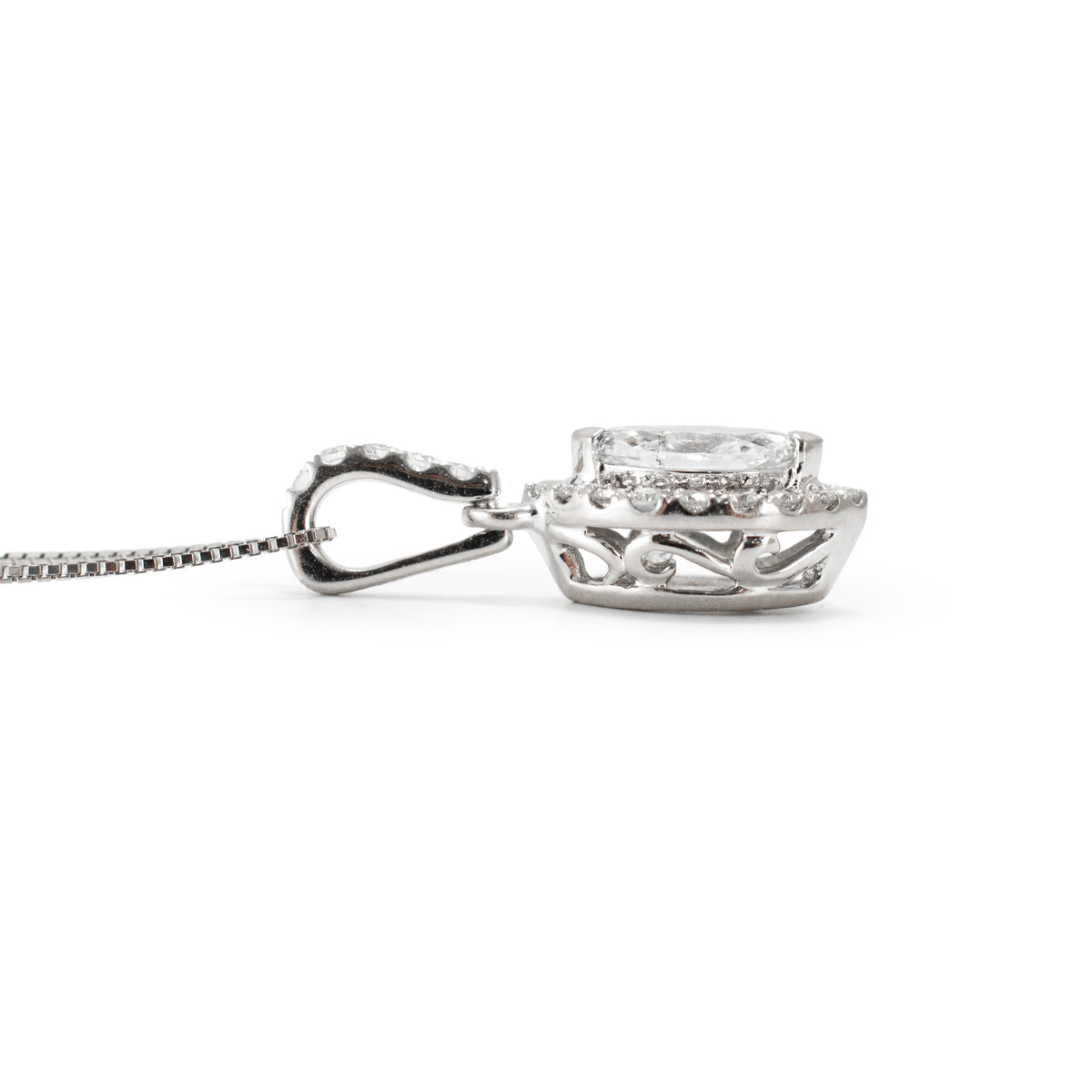 Ladies 14K White Gold 0.56ct Marquise Diamond Halo Pendant Necklace