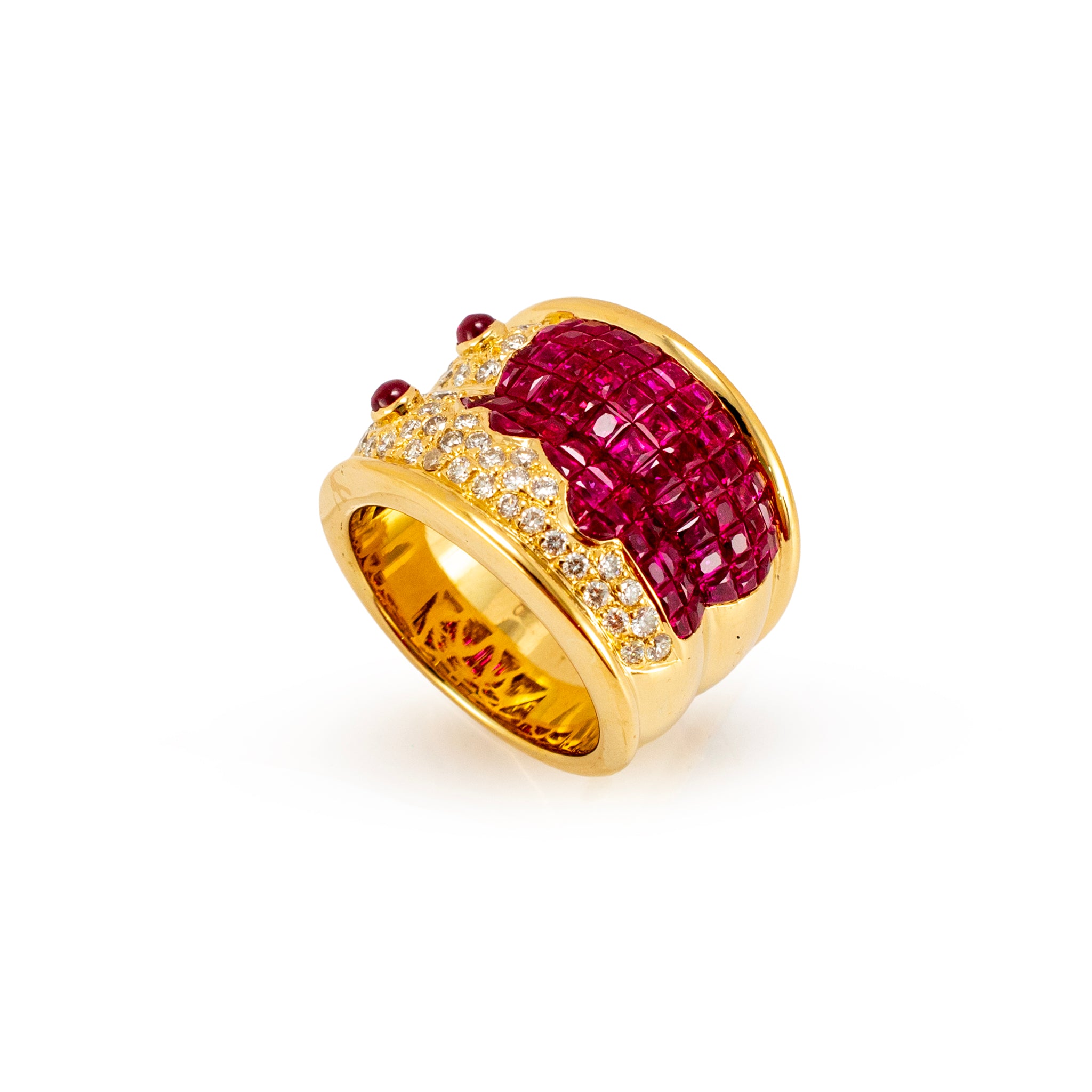 Vintage 18K Yellow Gold 4.16ctw Invisible Set Ruby Diamond Mystery Band Ring