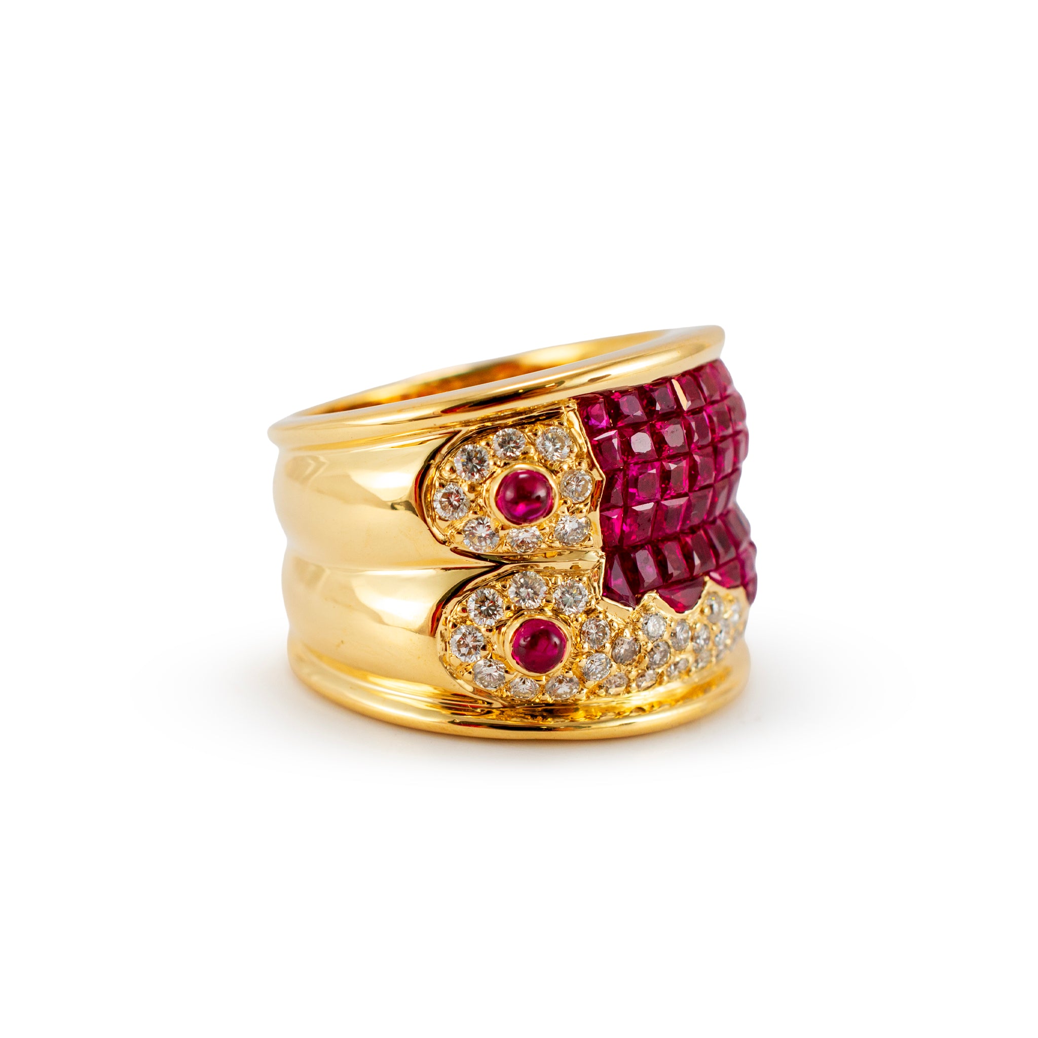 Vintage 18K Yellow Gold 4.16ctw Invisible Set Ruby Diamond Mystery Band Ring