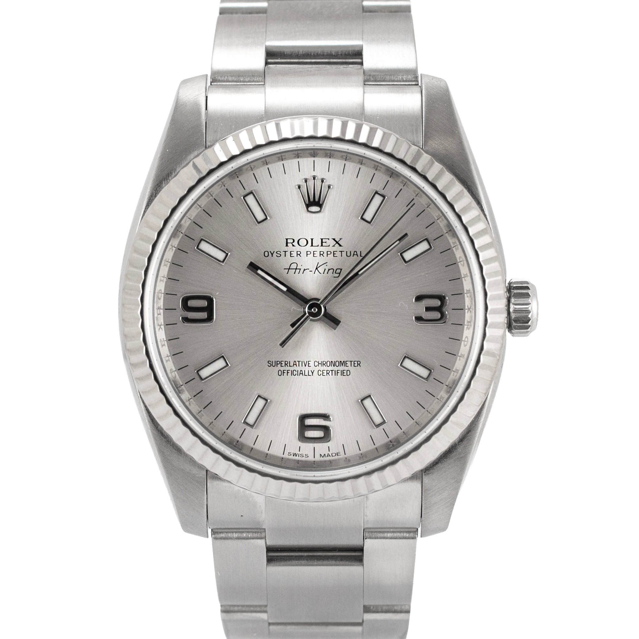 Rolex Air-King 34MM 114234 Silver Oyster Fluted 18K White Gold Bezel Steel Watch