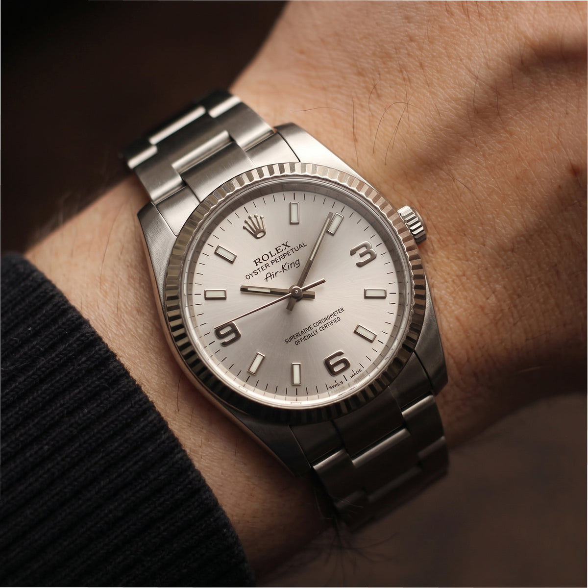 Rolex Air-King 34MM 114234 Silver Oyster Fluted 18K White Gold Bezel Steel Watch