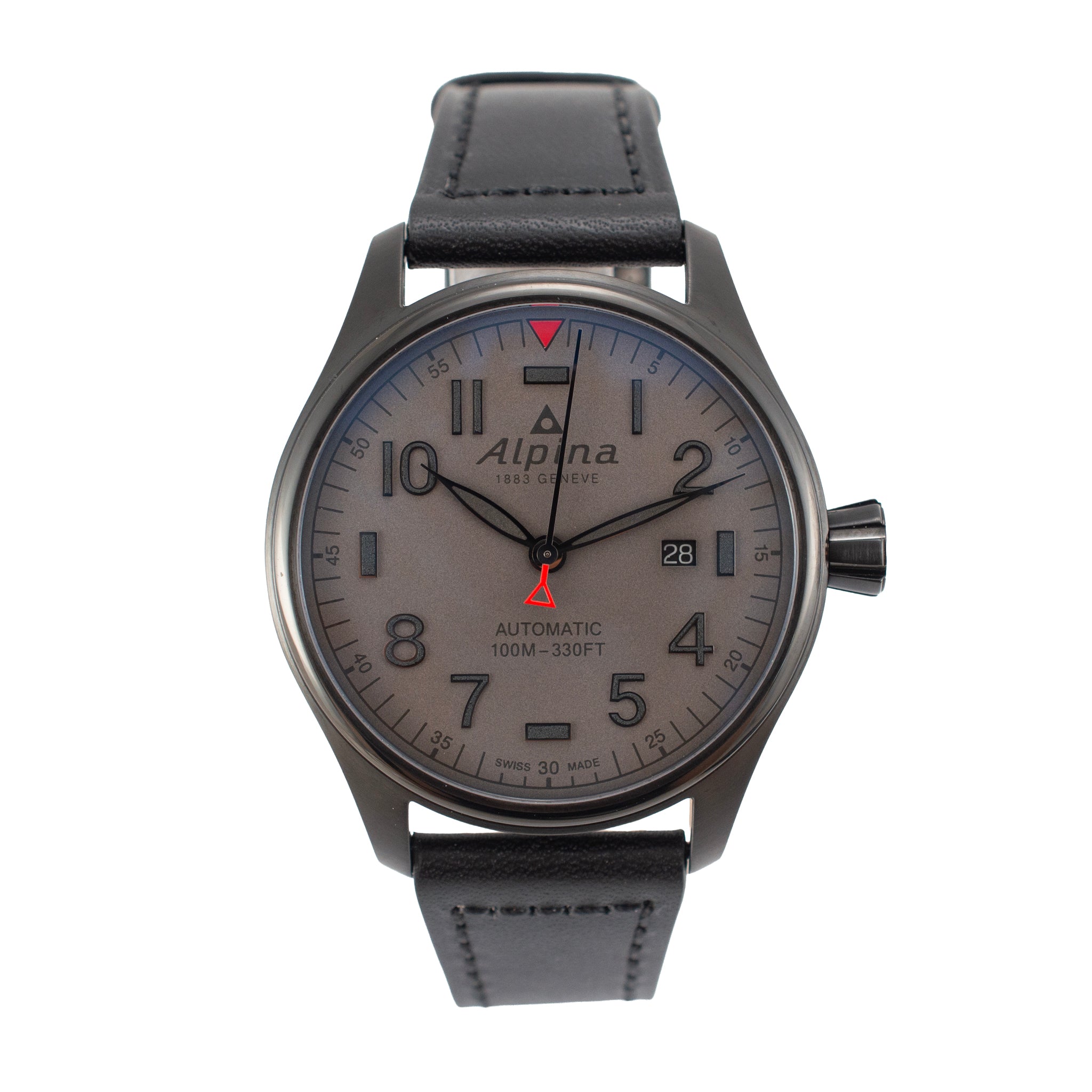 Alpina Startimer Pilot 44MM Al-525gg4fbs6 Grey Dial Leather Strap Steel Watch