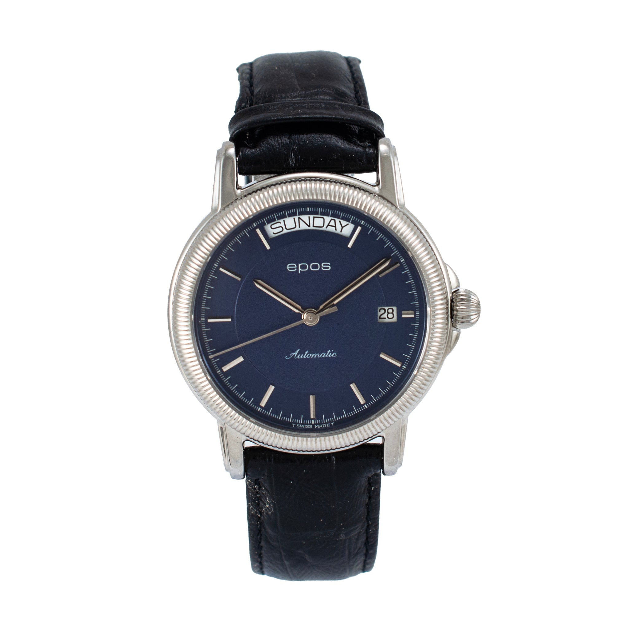 Epos Passion Day Date 39MM 3217 Blue Dial Leather Strap Steel Automatic Watch
