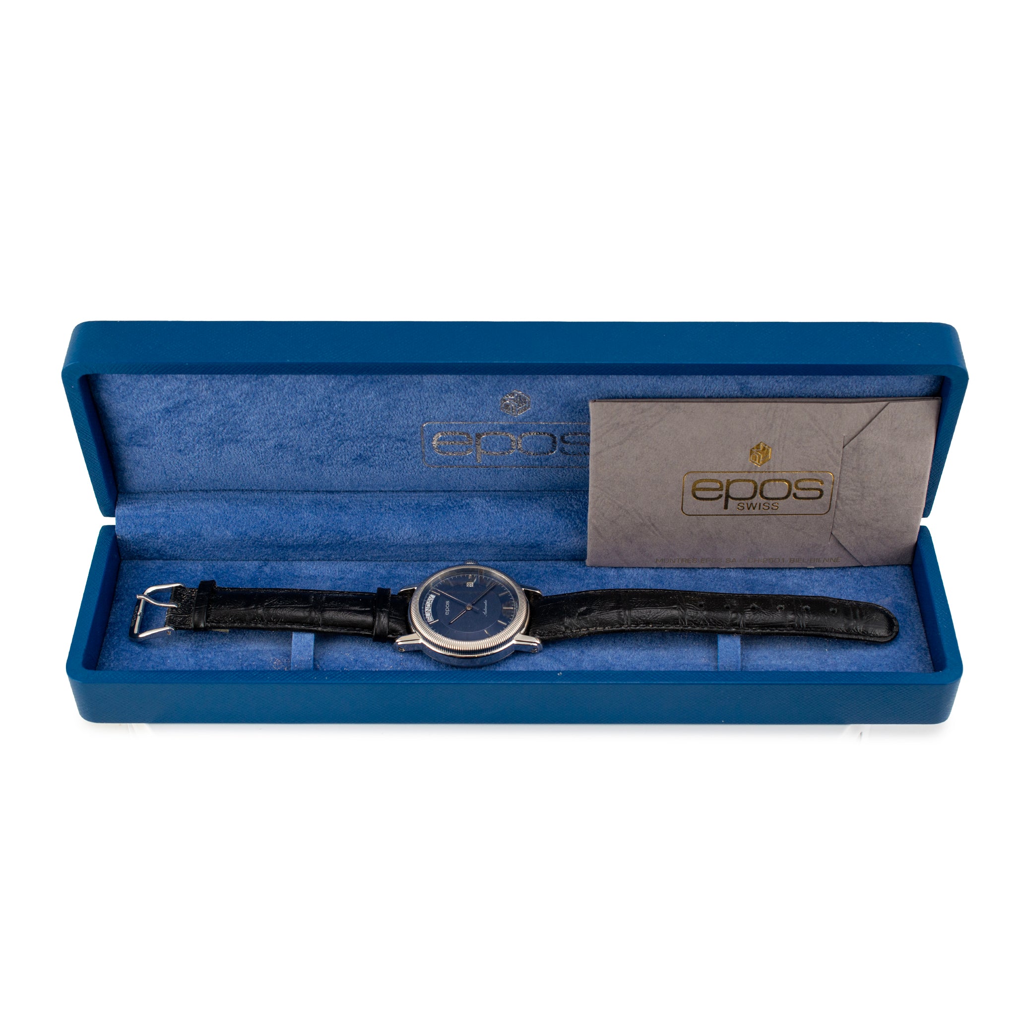 Epos Passion Day Date 39MM 3217 Blue Dial Leather Strap Steel Automatic Watch