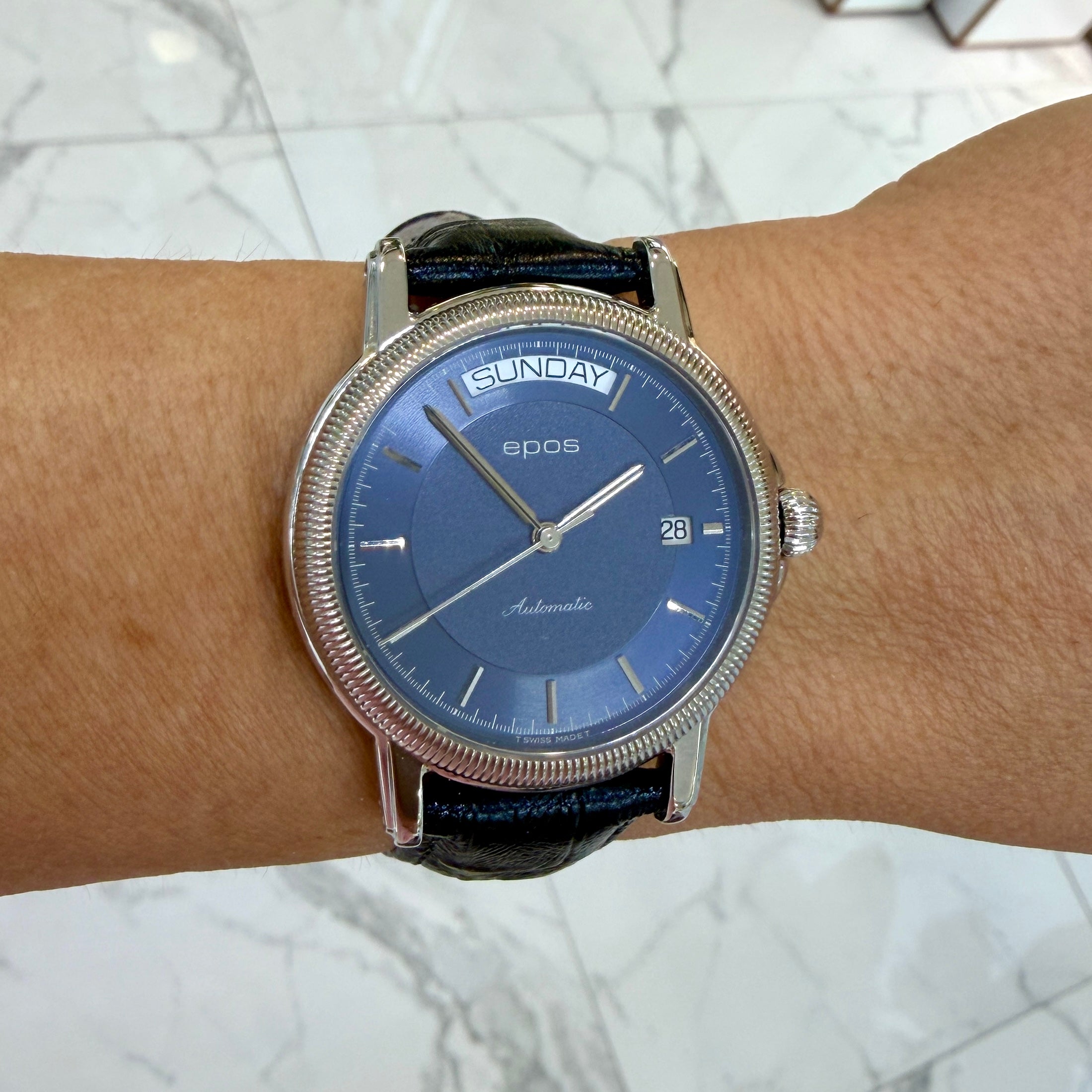 Epos Passion Day Date 39MM 3217 Blue Dial Leather Strap Steel Automatic Watch
