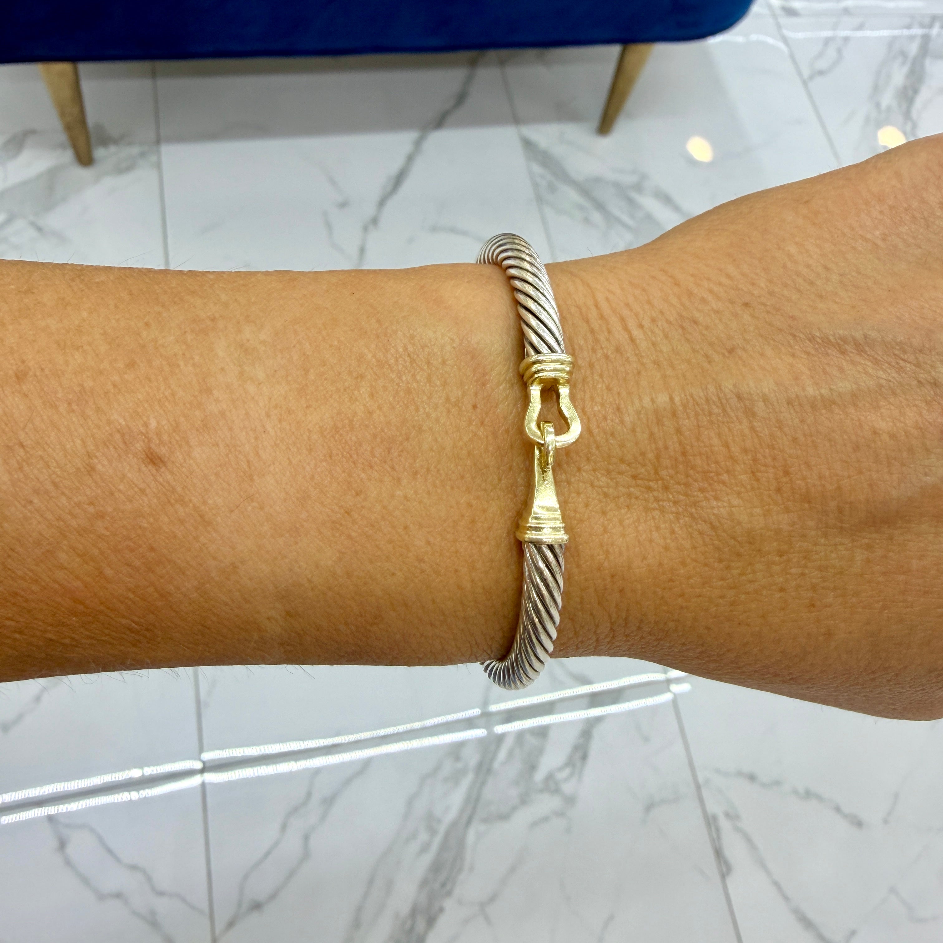 David Yurman 925 Silver 5MM 14K Yellow Gold Buckle Classic Cable Bangle Bracelet