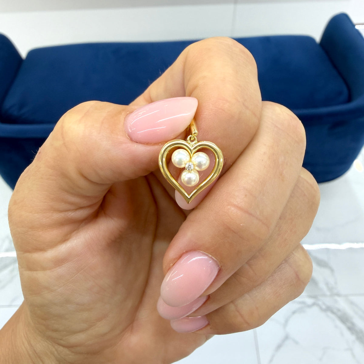 Retired Mikimoto 18K Yellow Gold Pearl Pendant Heart Motif Drop Pendant