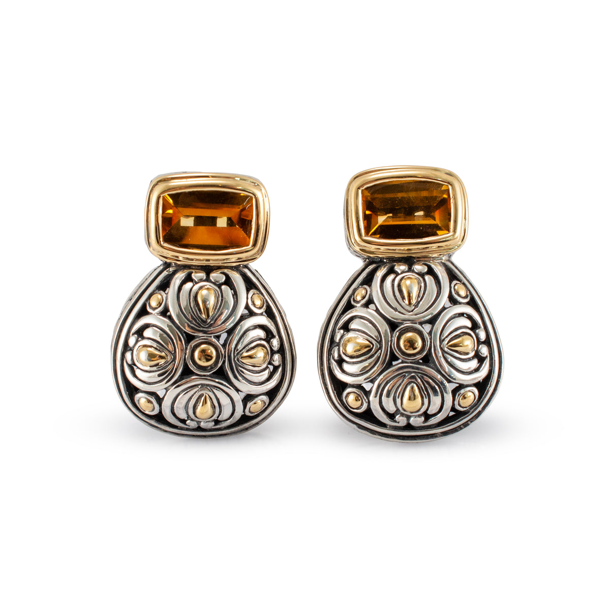 Vintage John Hardy Batu Sari 18K Yellow Gold 925 Silver Citrine Clip-on Earrings
