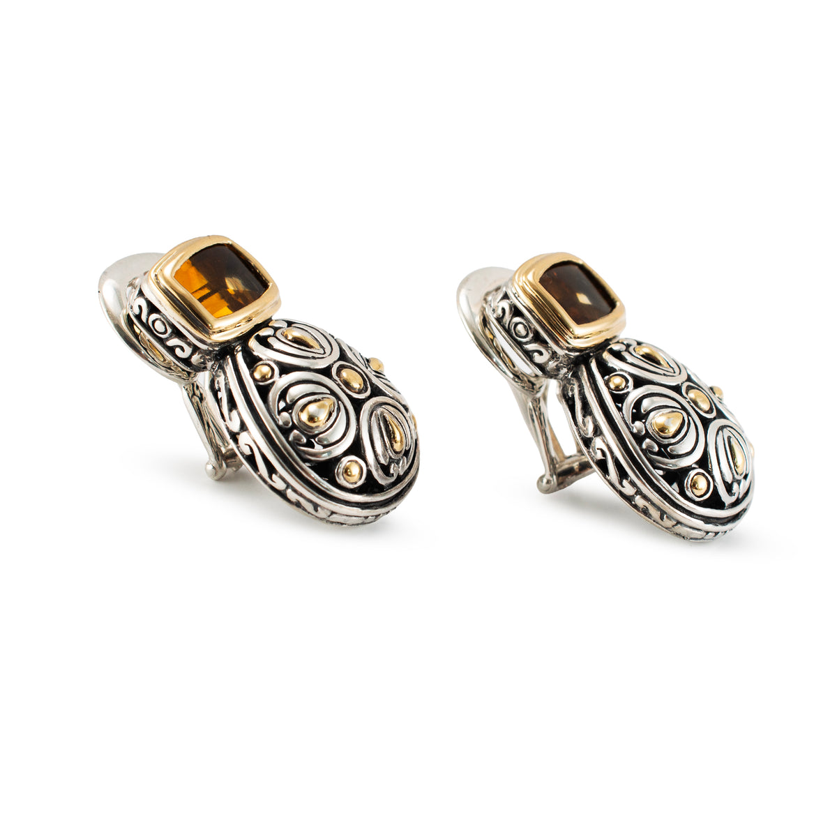 Vintage John Hardy Batu Sari 18K Yellow Gold 925 Silver Citrine Clip-on Earrings