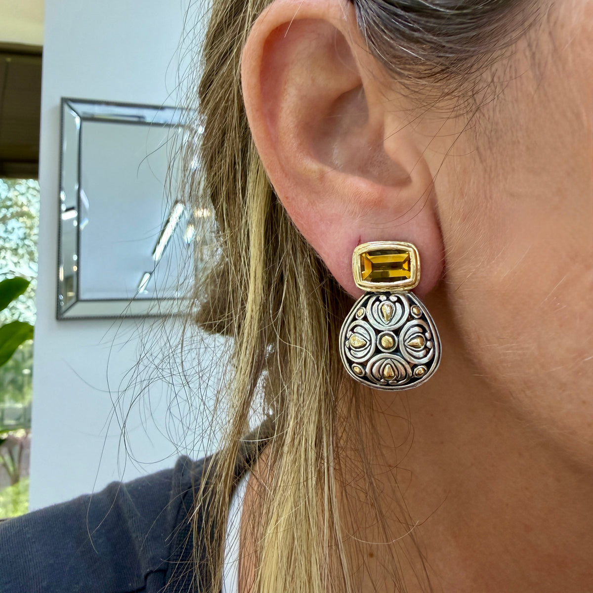 Vintage John Hardy Batu Sari 18K Yellow Gold 925 Silver Citrine Clip-on Earrings