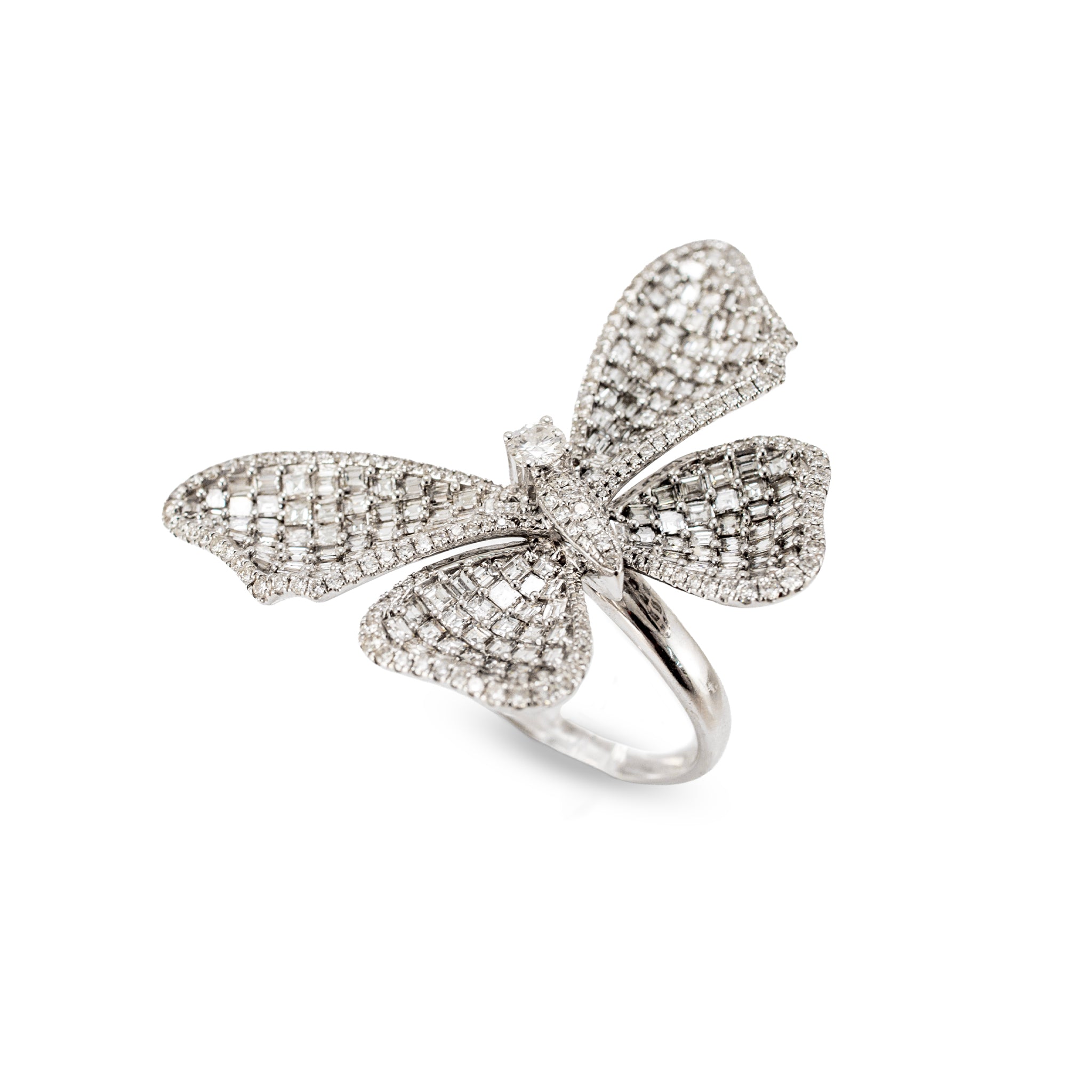 18K White Gold 7CTW Square Baguettes and Rounds Diamond Butterfly Cocktail Ring