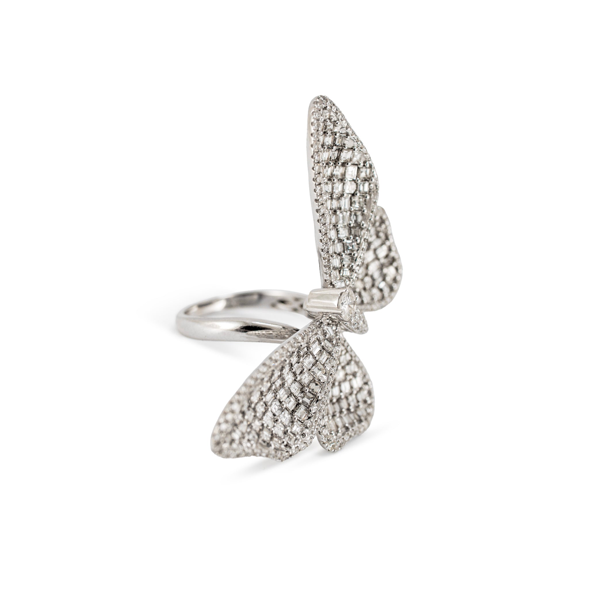 18K White Gold 7CTW Square Baguettes and Rounds Diamond Butterfly Cocktail Ring