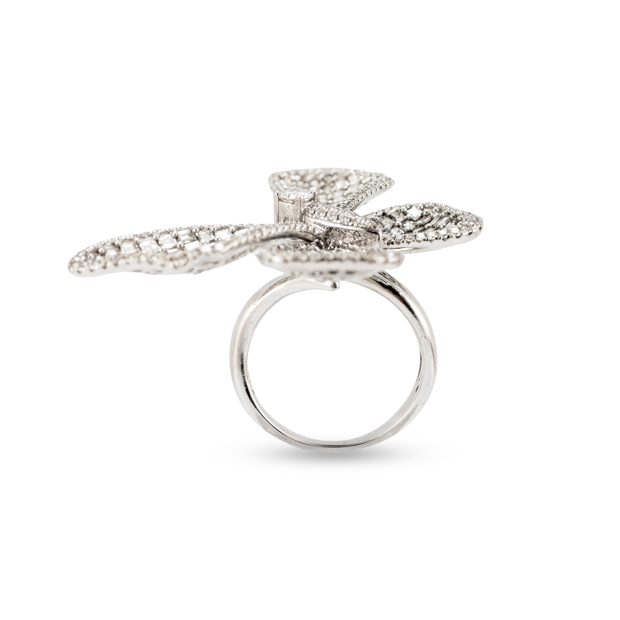 18K White Gold 7CTW Square Baguettes and Rounds Diamond Butterfly Cocktail Ring