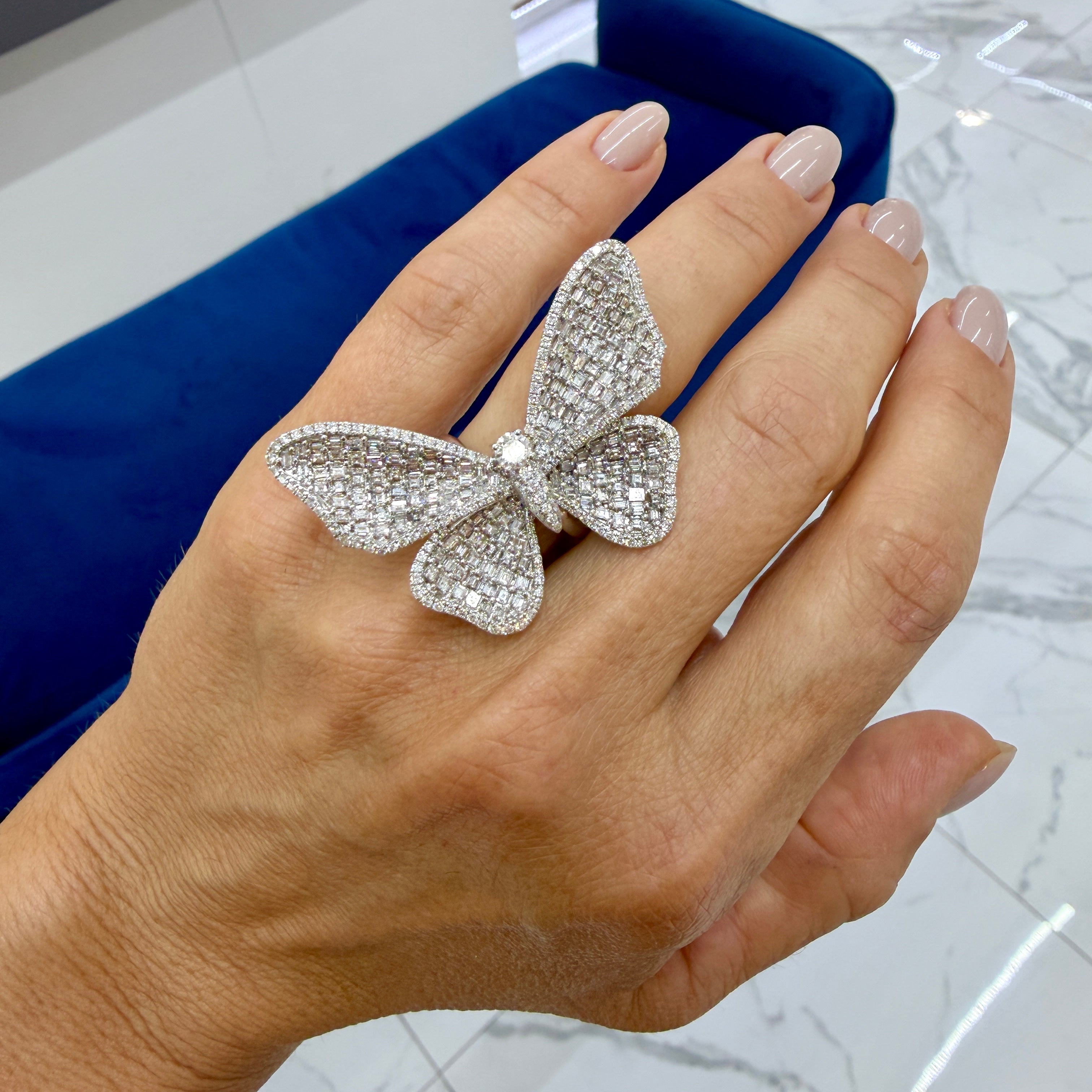 18K White Gold 7CTW Square Baguettes and Rounds Diamond Butterfly Cocktail Ring