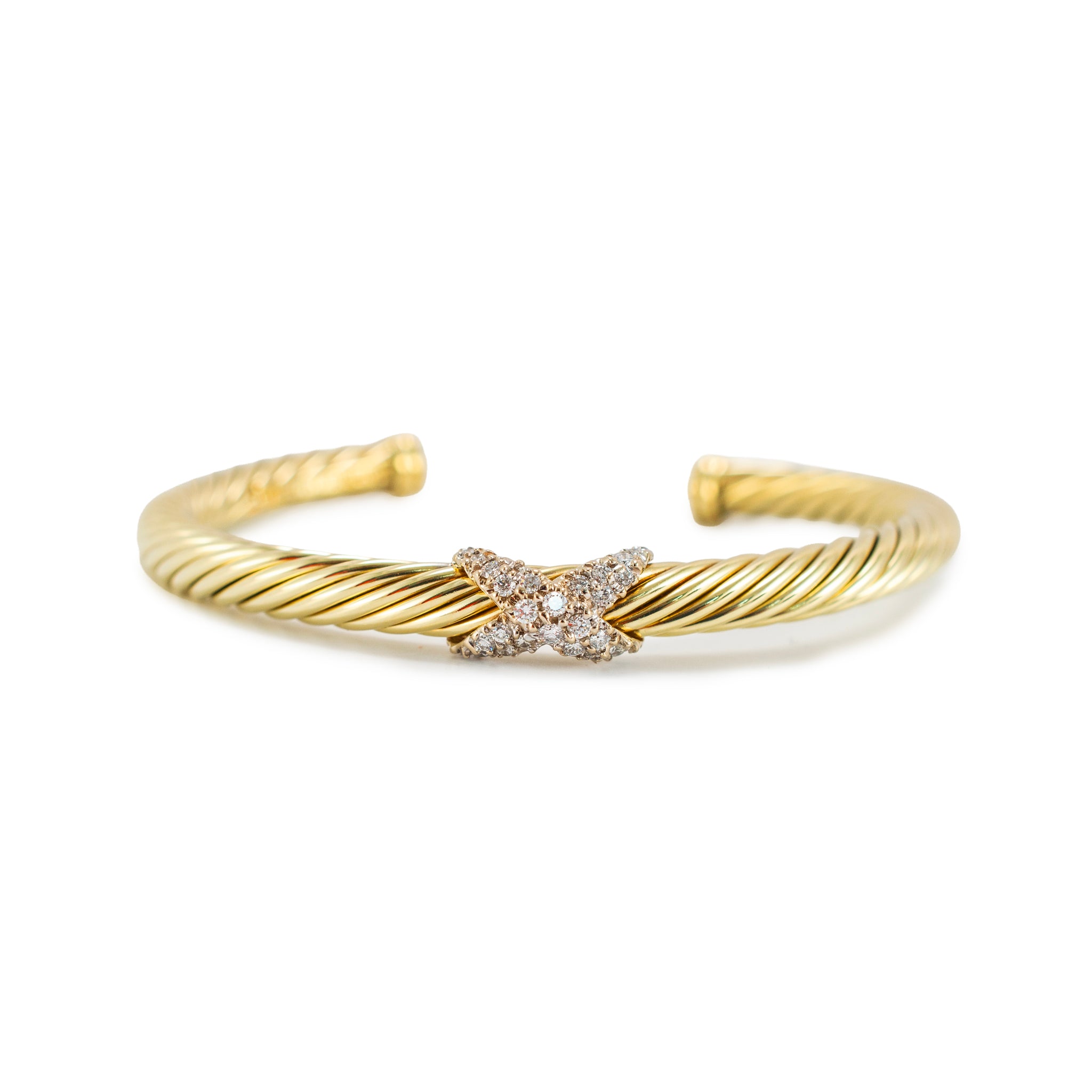 David Yurman Cablespira X 14K Yellow Gold 6MM CT Diamond Cuff Bangle Bracelet