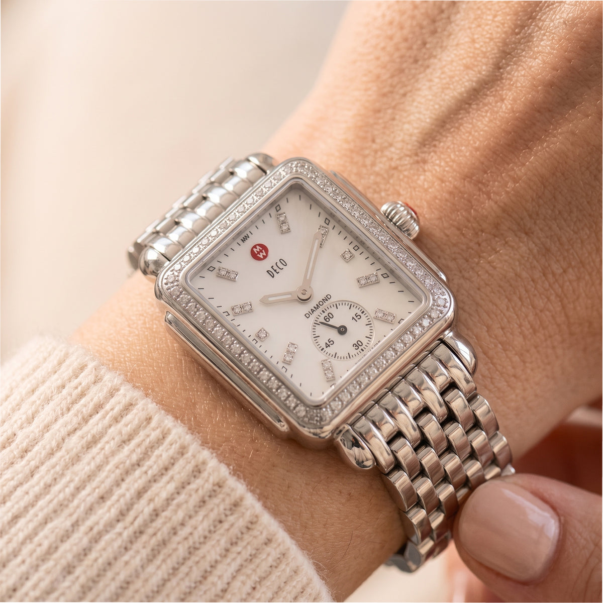Michele by Fossil Deco 29MM mww06v00a0046 Diamond Mop Dial Steel Quartz Watch