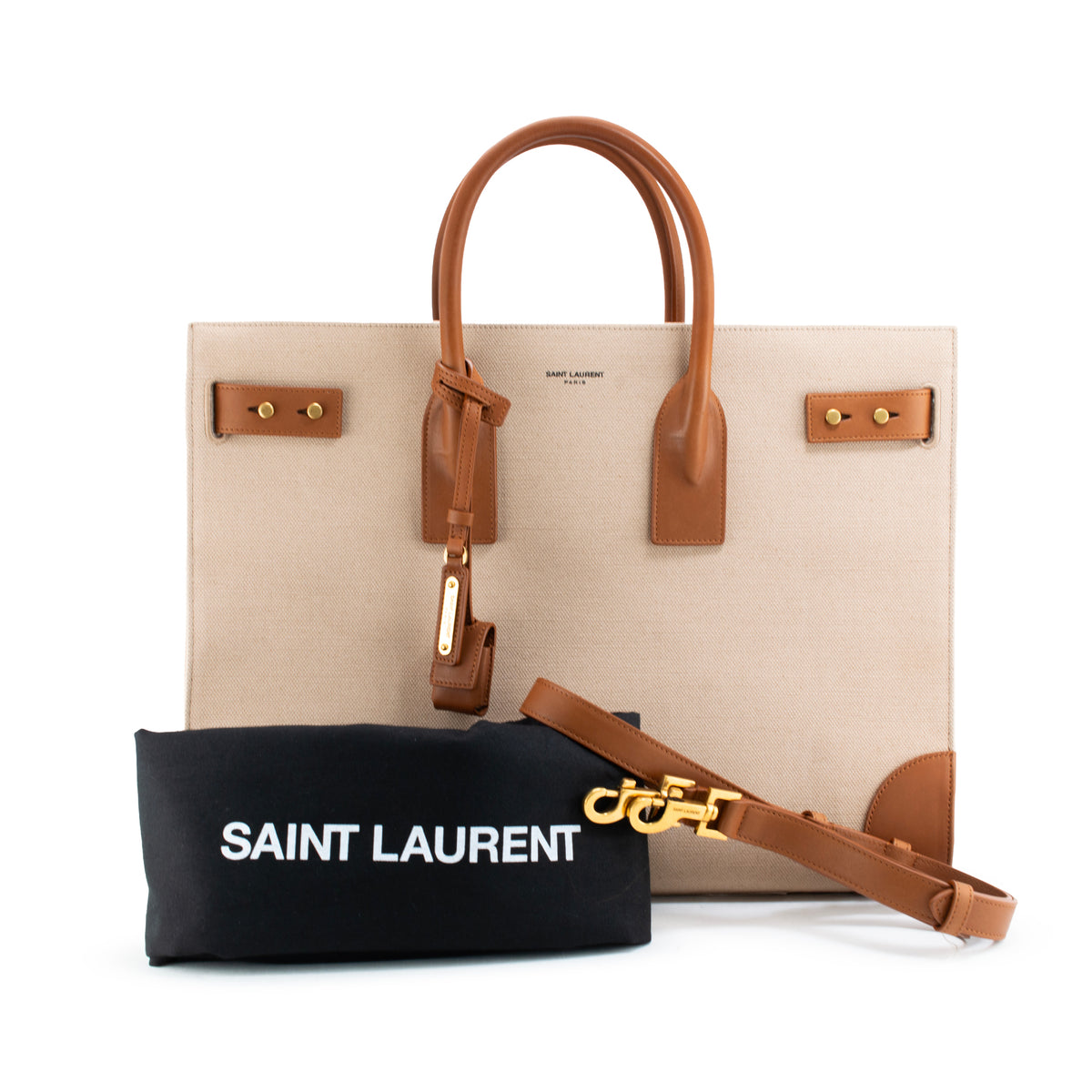 Saint Laurent Sac de Jour Natural Canvas Brown Leather Tote Bag