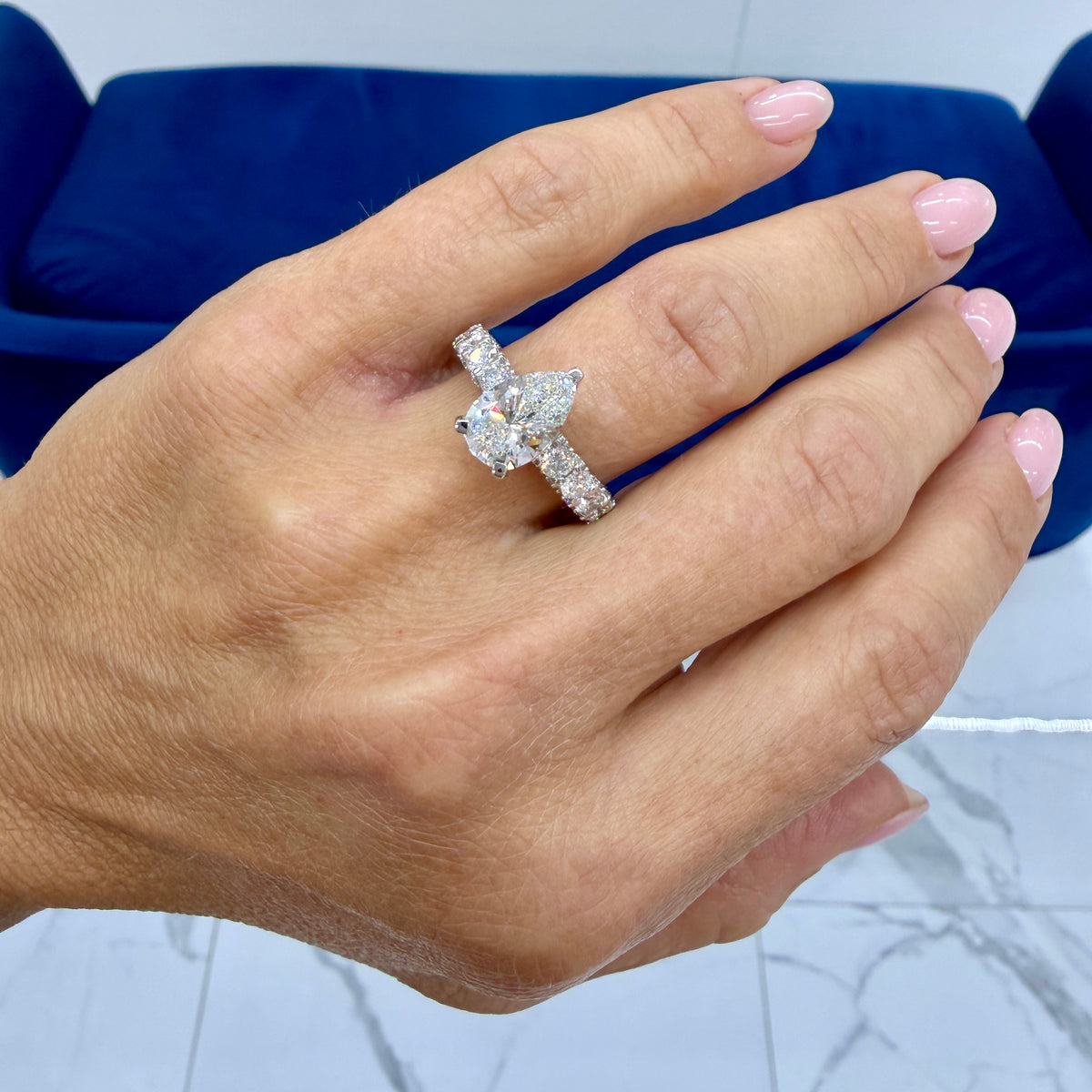 10K White Gold Igi 4.26ctw Pear Shape Lab Grown Diamond Halo Pave Engagement Ring