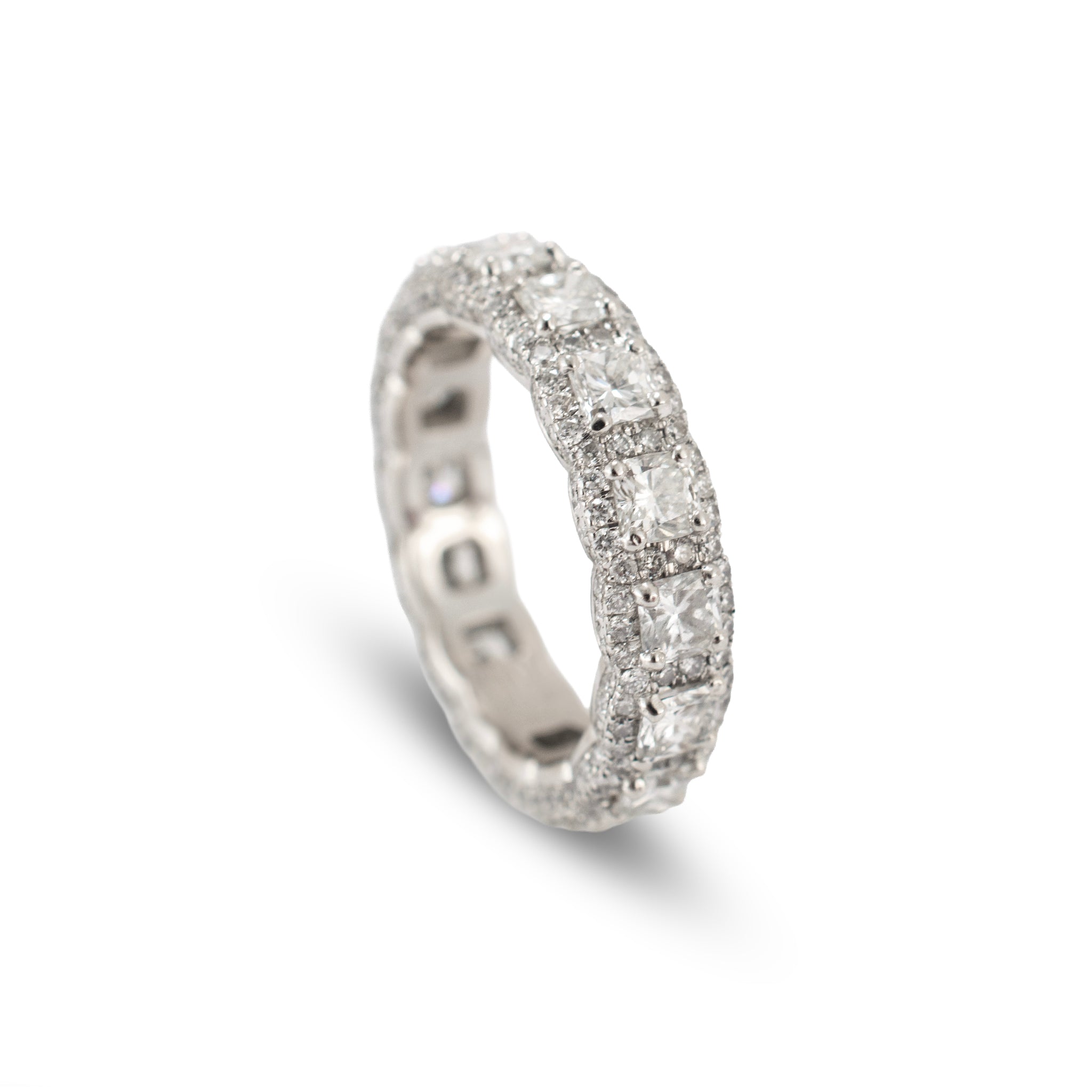 Platinum 5.34ct Diamond Cushion Cut Round Pave Halo Diamond Eternity Band Ring