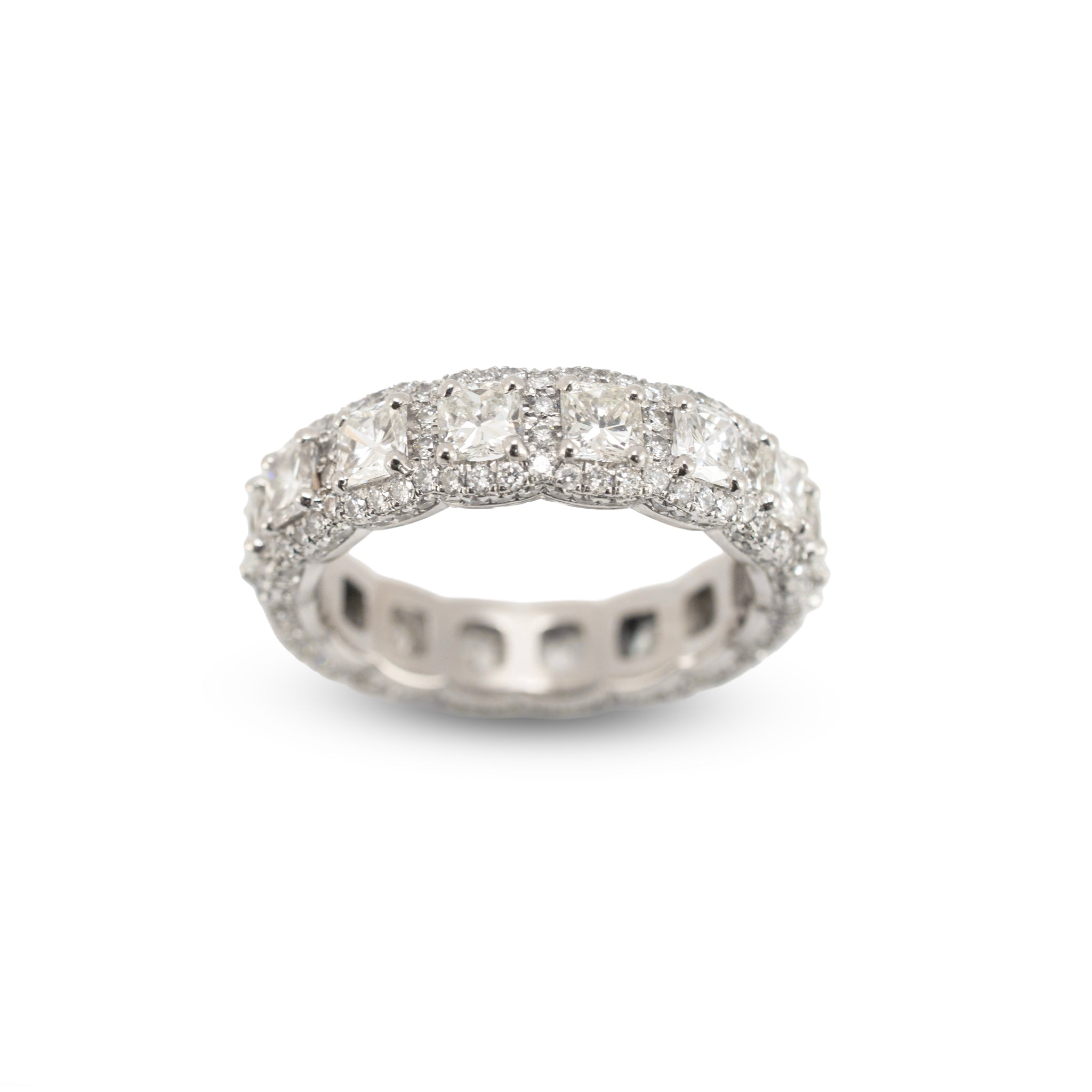 Platinum 5.34ct Diamond Cushion Cut Round Pave Halo Diamond Eternity Band Ring