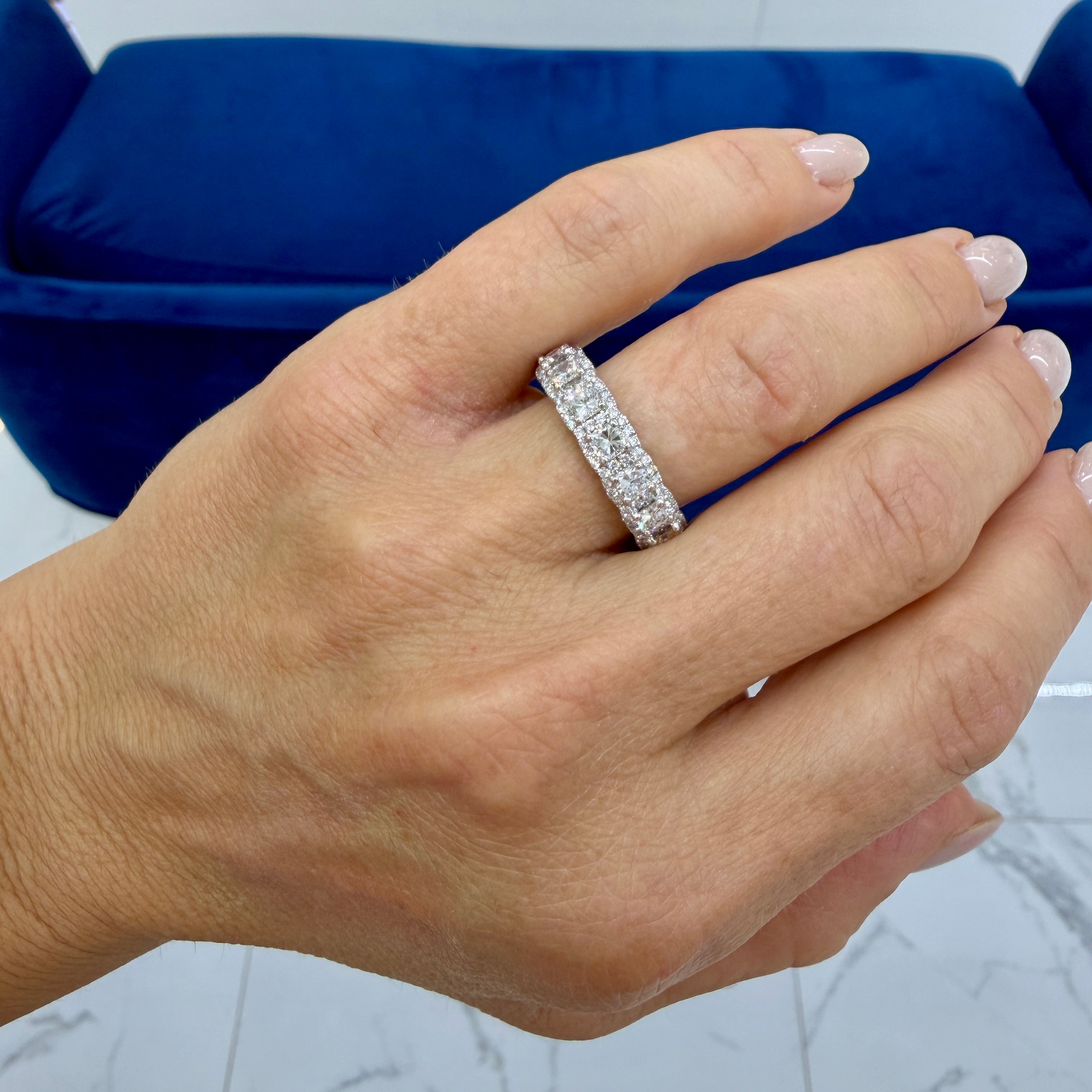 Platinum 5.34ct Diamond Cushion Cut Round Pave Halo Diamond Eternity Band Ring