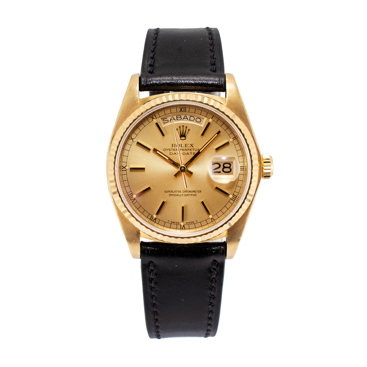 Vintage Rolex Day Date 36MM 18038 Spanish Black Strap 18K Yellow Gold Watch
