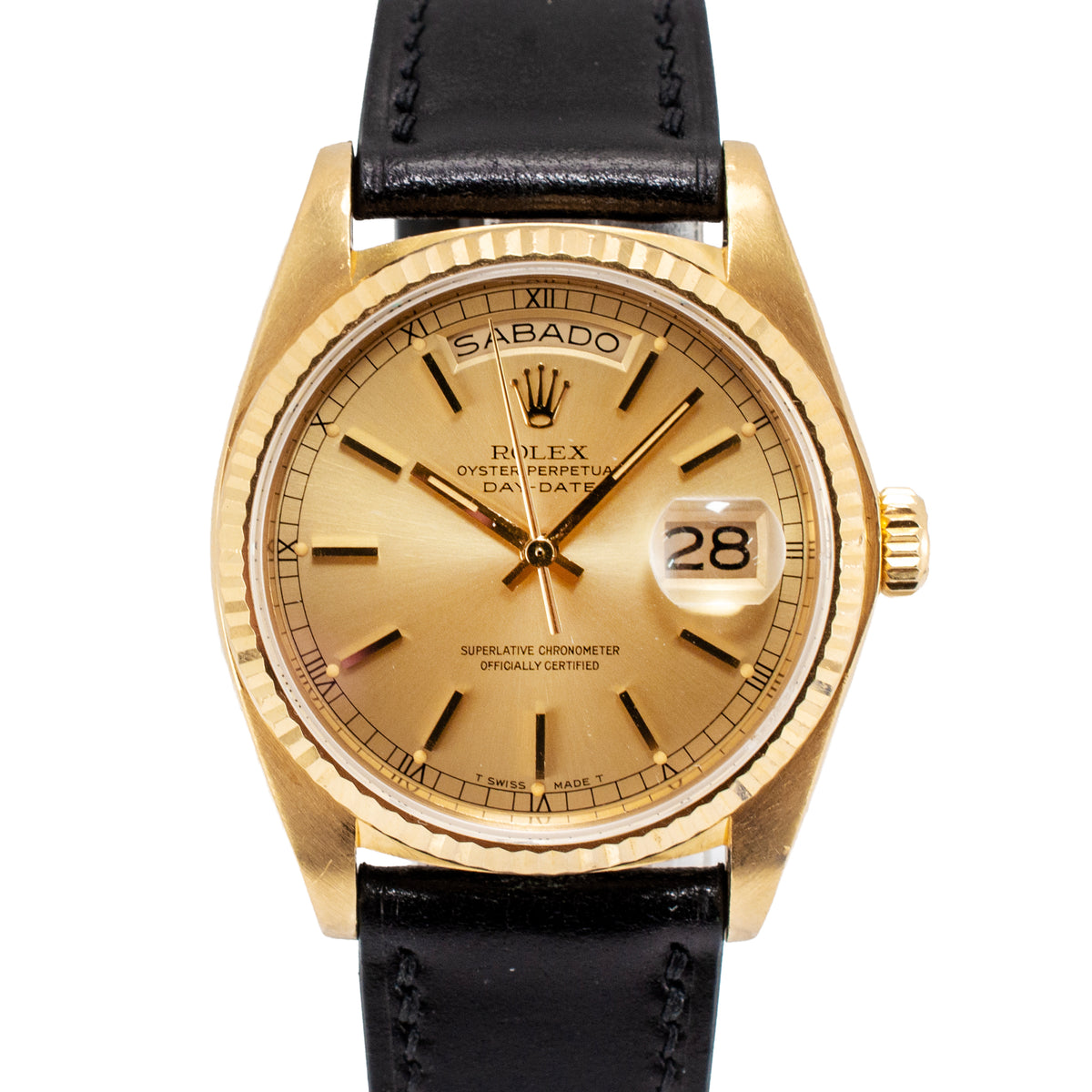 Vintage Rolex Day Date 36MM 18038 Spanish Black Strap 18K Yellow Gold Watch
