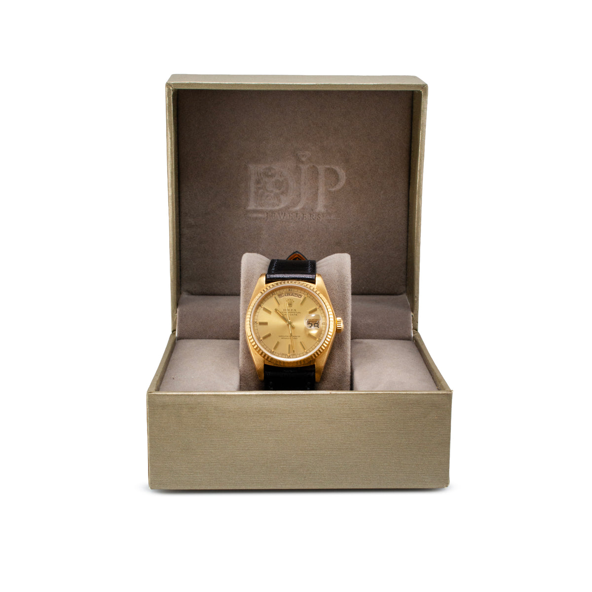 Vintage Rolex Day Date 36MM 18038 Spanish Black Strap 18K Yellow Gold Watch