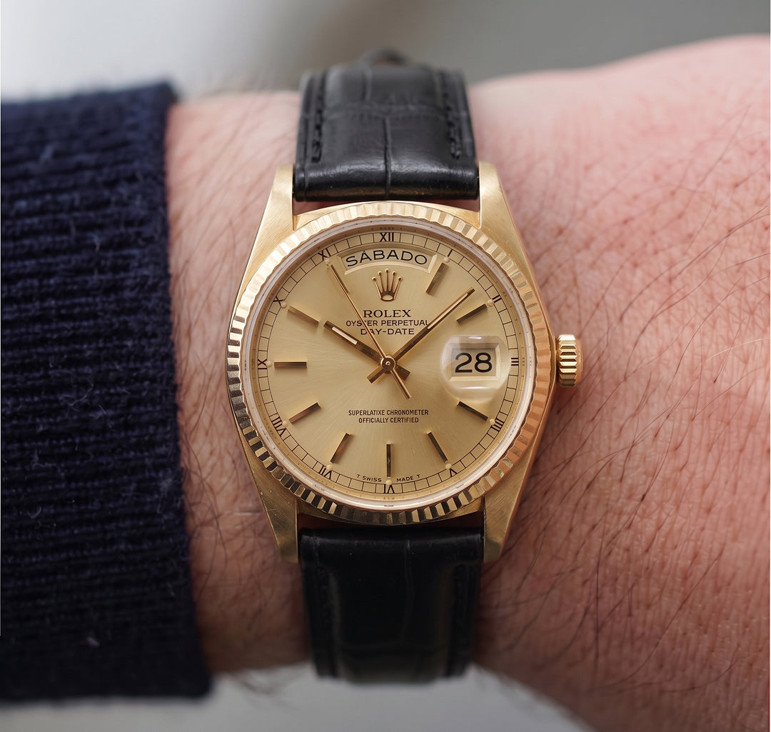 Vintage Rolex Day Date 36MM 18038 Spanish Black Strap 18K Yellow Gold Watch