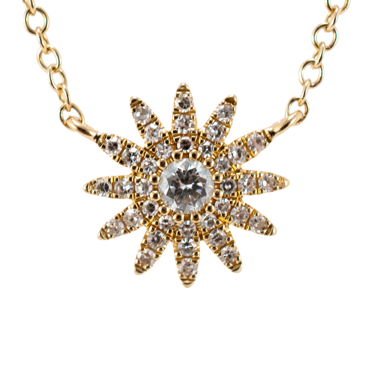 Ladies 14K Yellow Gold 0.23ct Diamond Adjustable Chain Sunburst Pendant Necklace