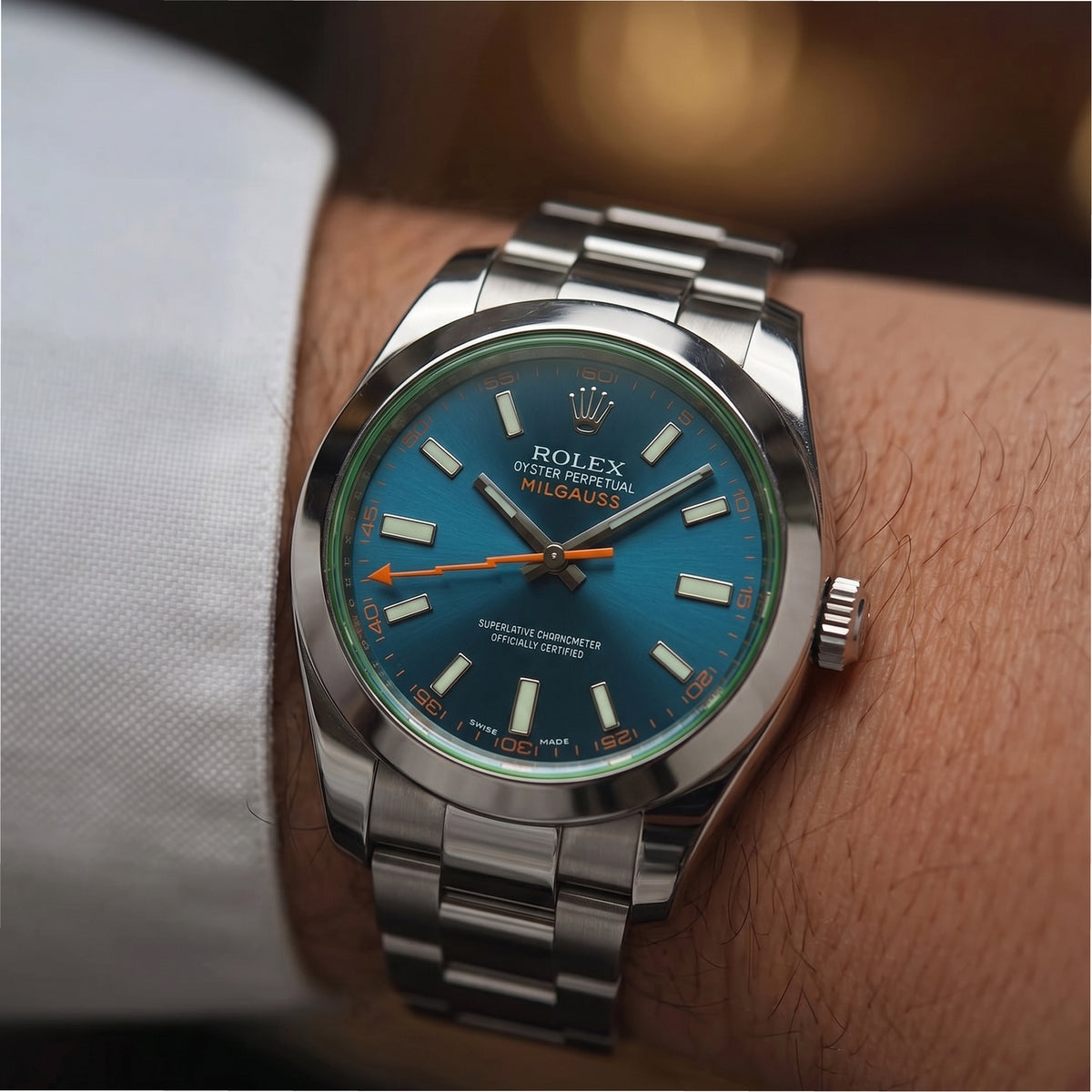 Rolex Milgauss 40MM 116400GV Z-Blue Dial Green Sapphire Crystal Steel Watch