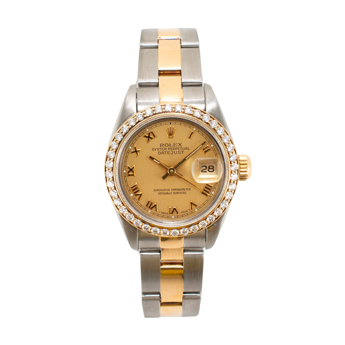 Ladies Rolex Datejust 69163 26MM Champaign Diamond Bezel Oyster Gold Steel Watch