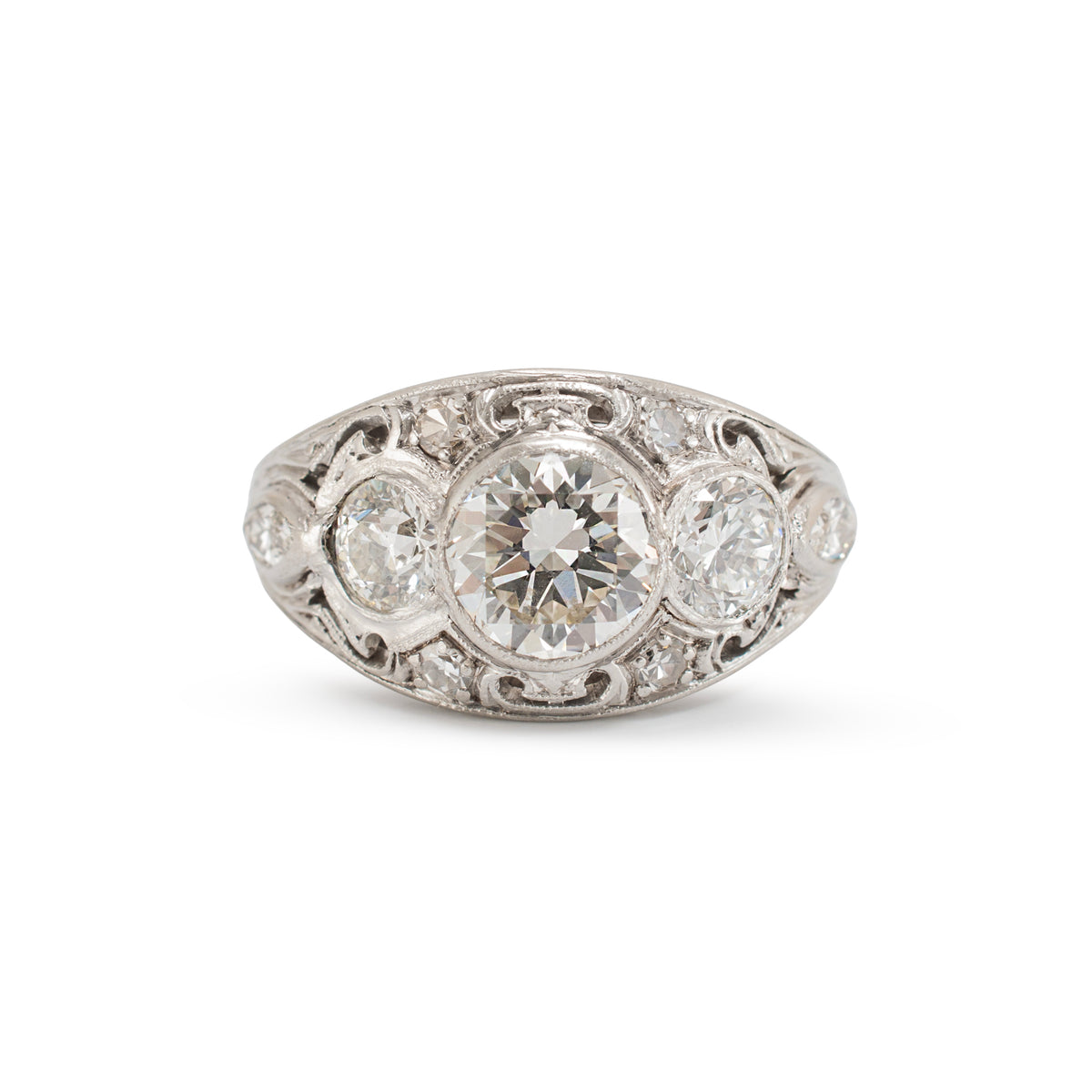 Antique Edwardian Platinum 2.34ctw Old Euro Diamond Three-Stone Engagement Ring